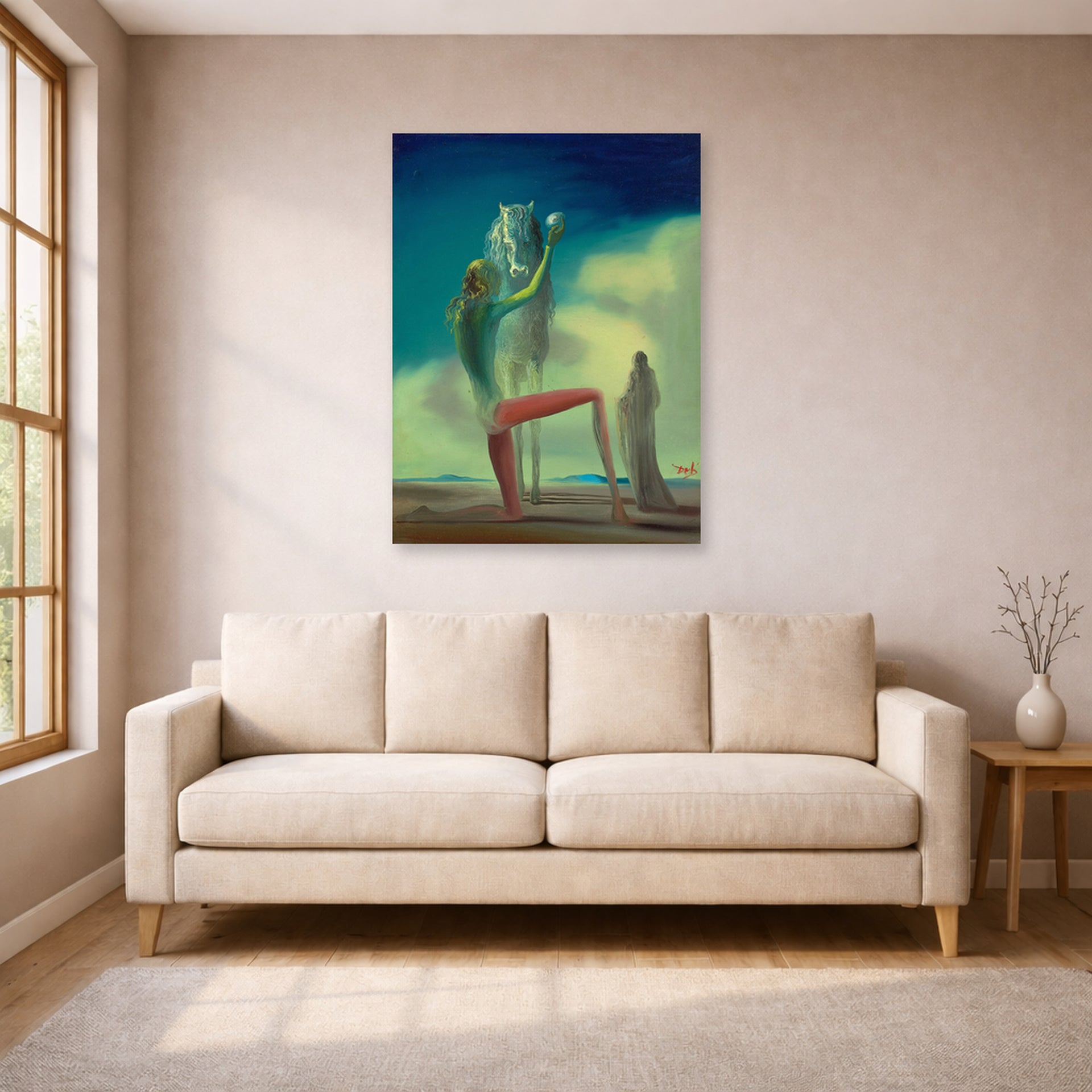 Unframed poster print of Salvador Dali's Knight of Death displayed on a wall in a living room