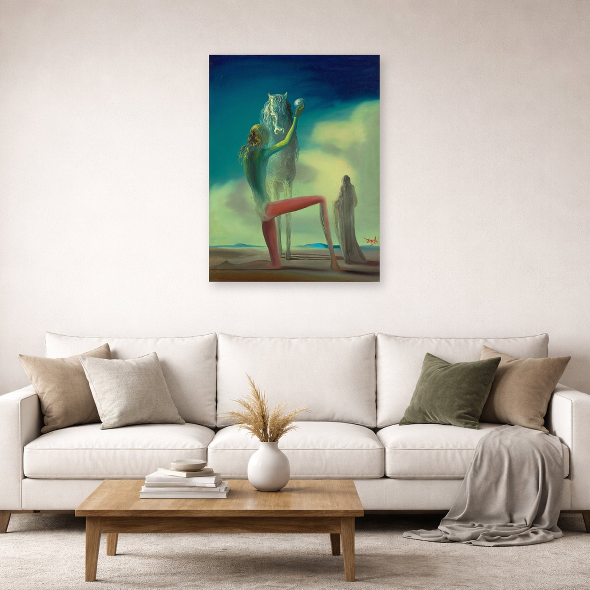 Unframed poster print of Salvador Dali's Knight of Death displayed on a wall in a living room