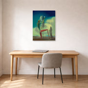 Unframed poster print of Salvador Dali's Knight of Death displayed on a wall in a office