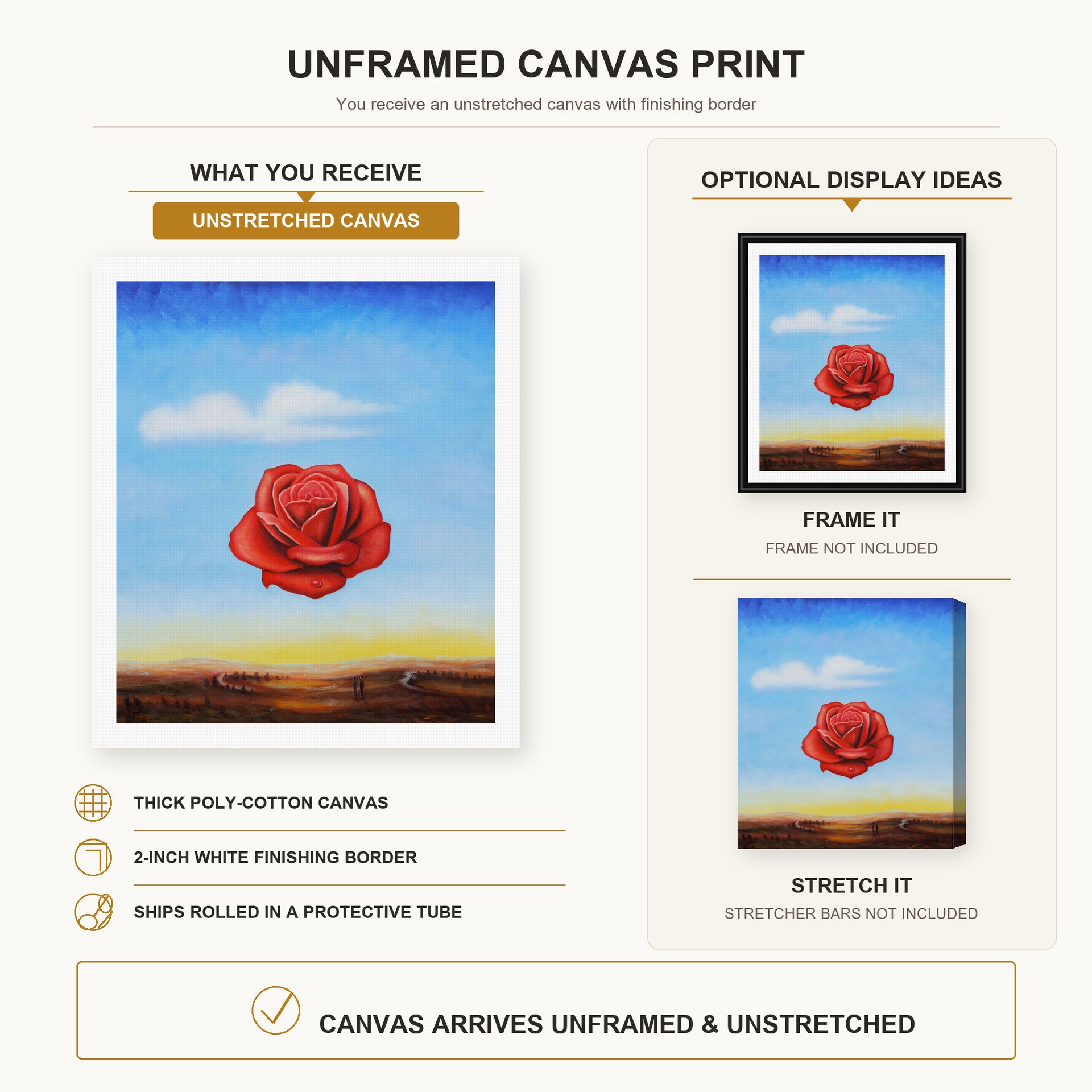Salvador Dali - Meditative Rose canvas print size comparison and framing display infographic