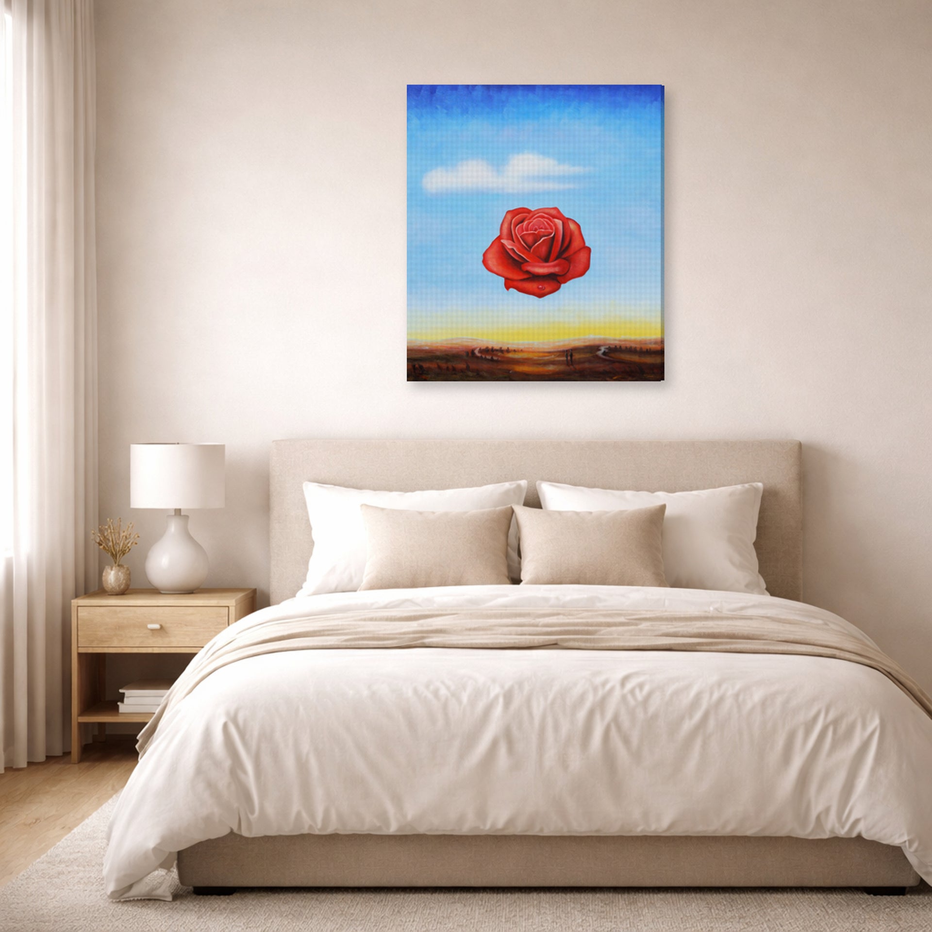 Gallery-wrapped canvas print of Salvador Dali's Meditative Rose displayed on a wall in a bedroom