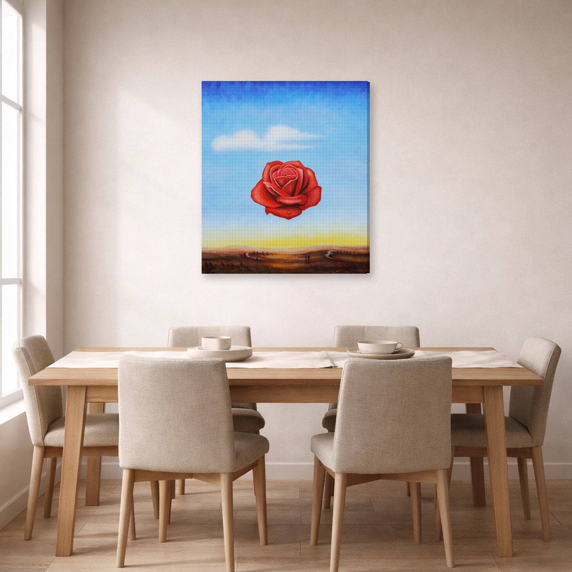 Gallery-wrapped canvas print of Salvador Dali's Meditative Rose displayed on a wall in a dining room