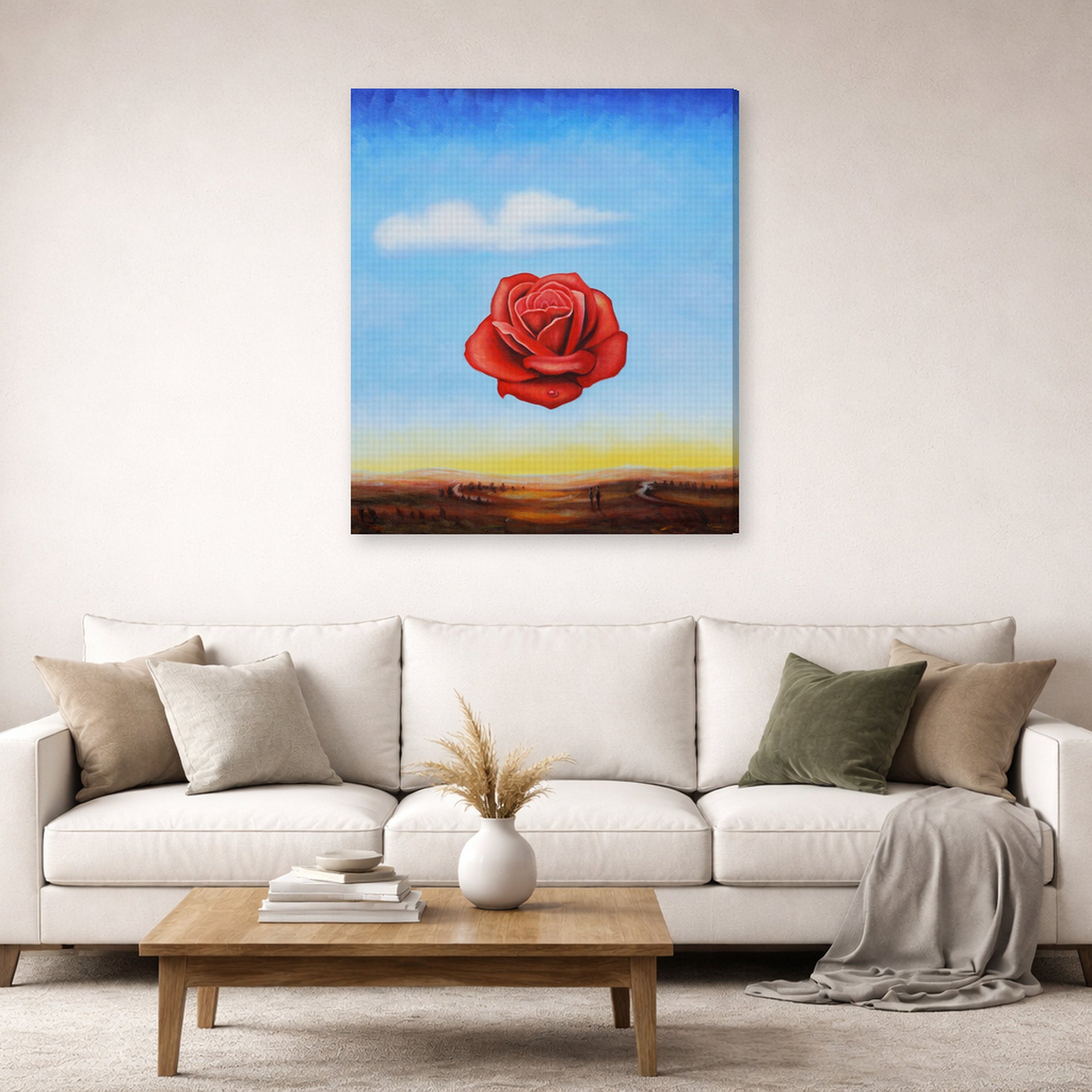 Gallery-wrapped canvas print of Salvador Dali's Meditative Rose displayed on a wall in a living room