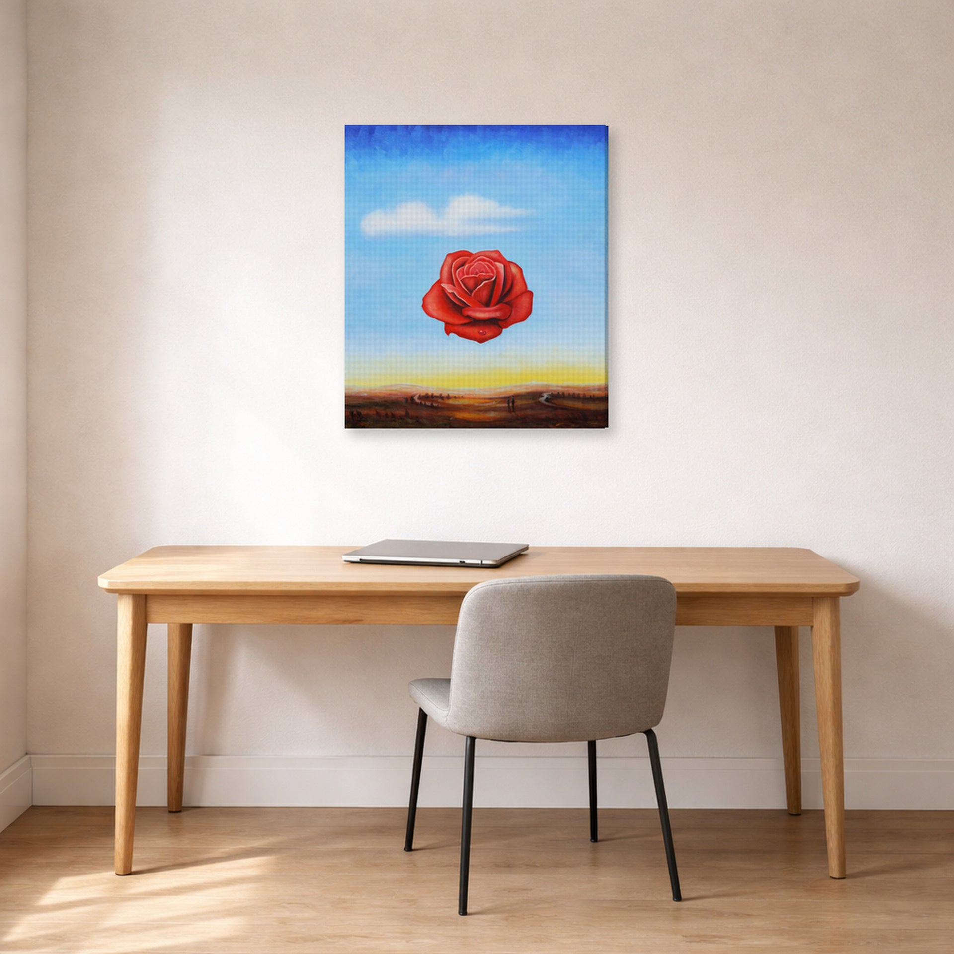 Gallery-wrapped canvas print of Salvador Dali's Meditative Rose displayed on a wall in a office
