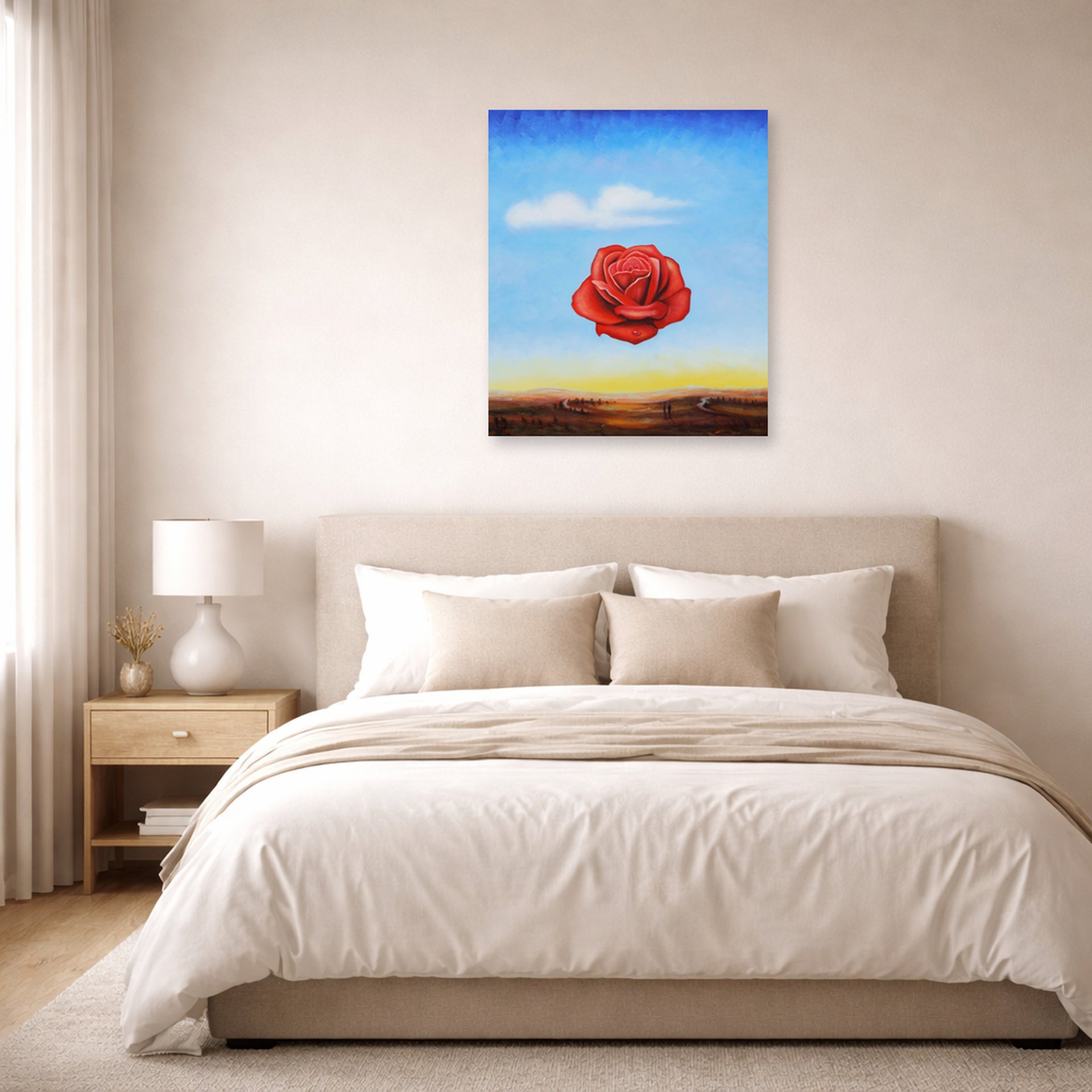 Unframed poster print of Salvador Dali's Meditative Rose displayed on a wall in a bedroom