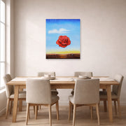 Unframed poster print of Salvador Dali's Meditative Rose displayed on a wall in a dining room