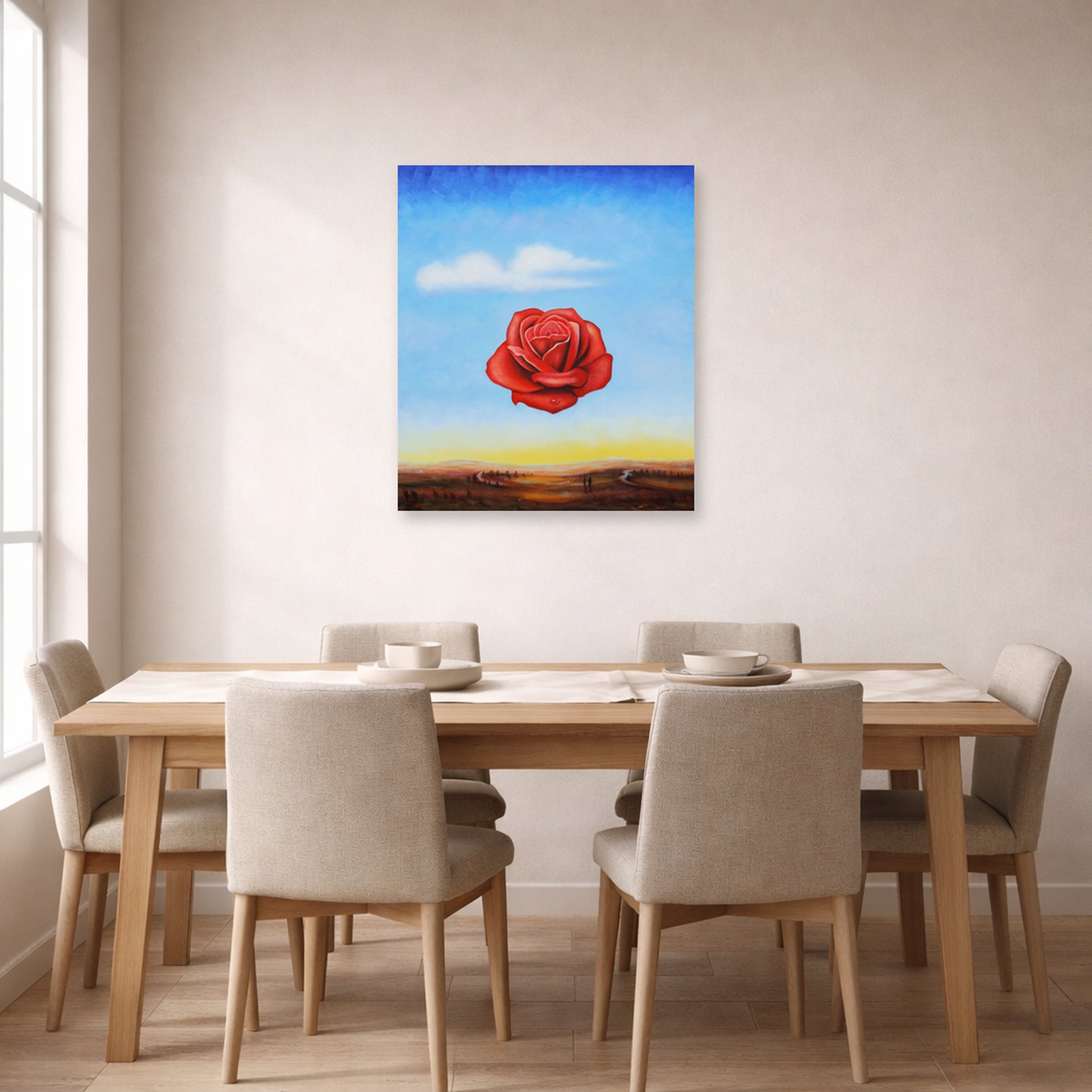 Unframed poster print of Salvador Dali's Meditative Rose displayed on a wall in a dining room