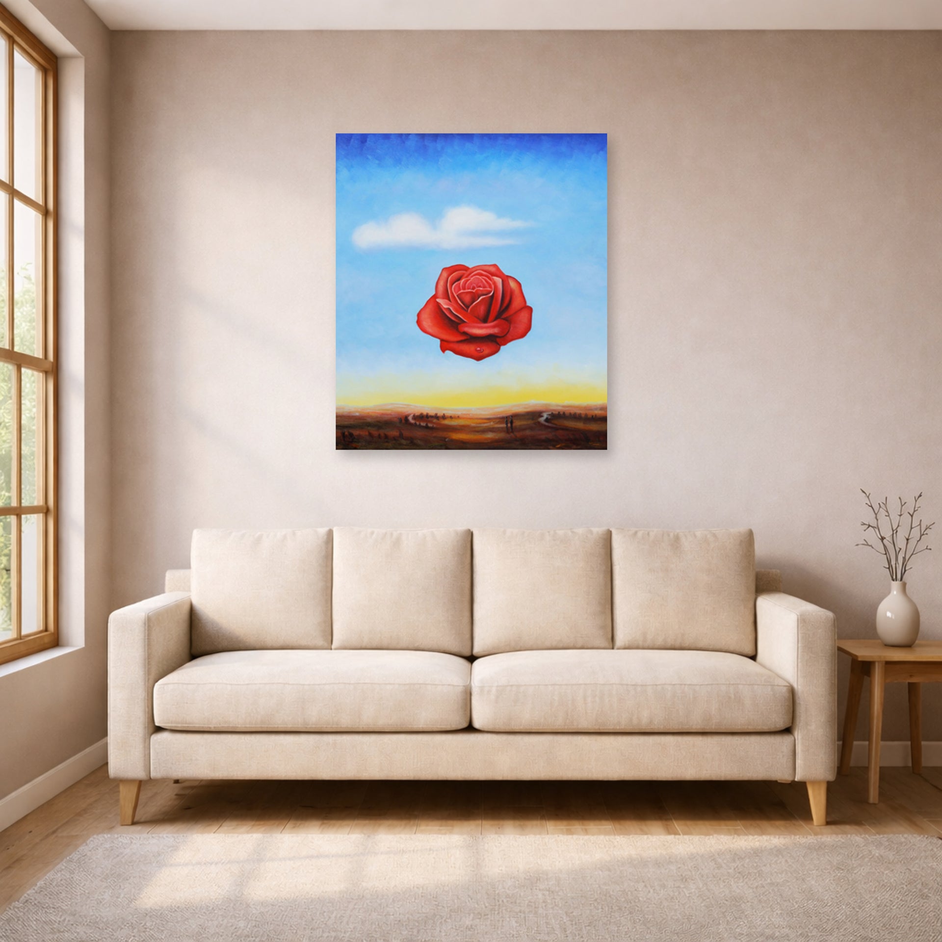 Unframed poster print of Salvador Dali's Meditative Rose displayed on a wall in a living room