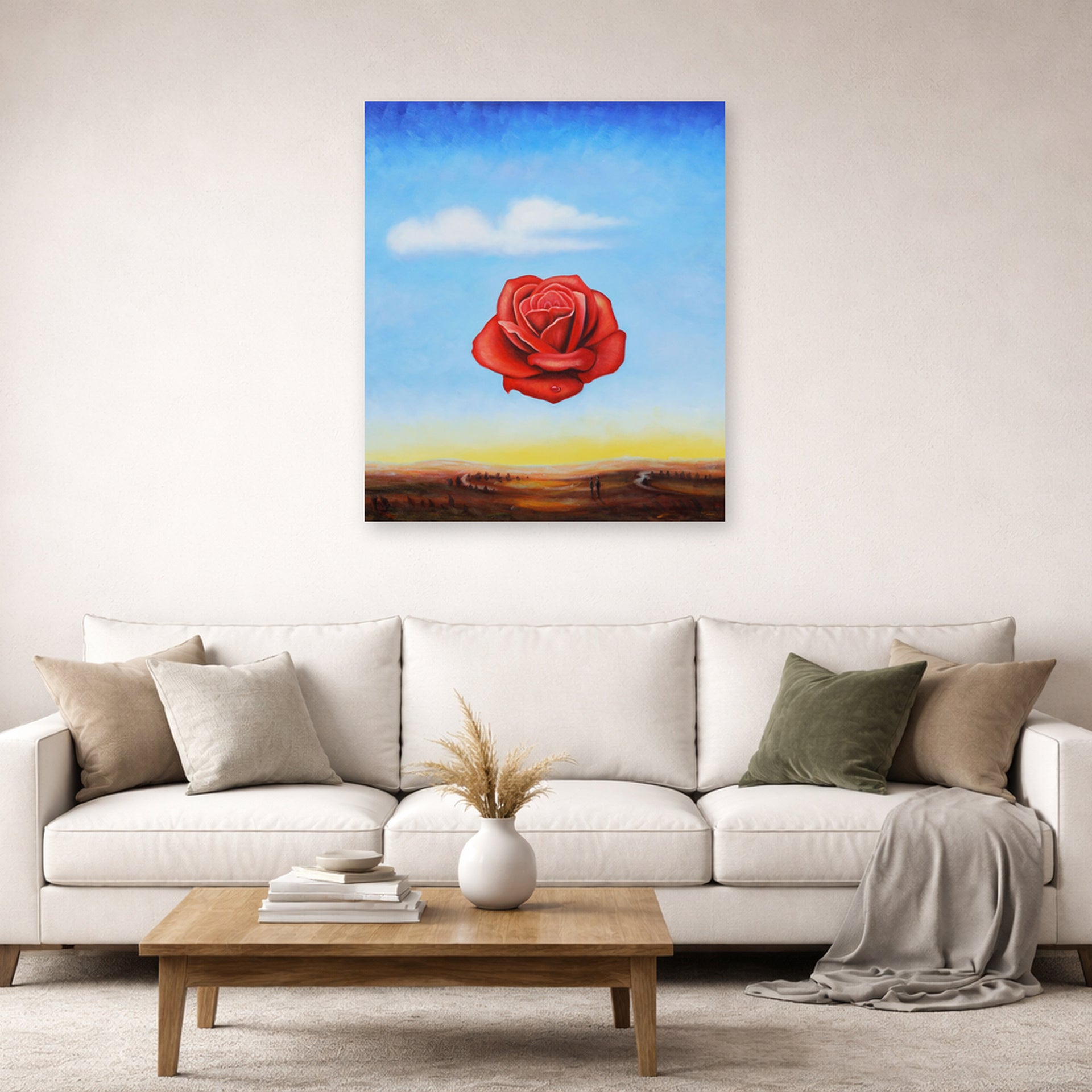 Unframed poster print of Salvador Dali's Meditative Rose displayed on a wall in a living room