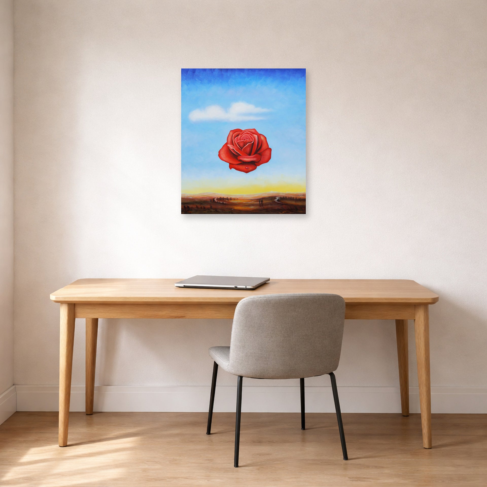 Unframed poster print of Salvador Dali's Meditative Rose displayed on a wall in a office