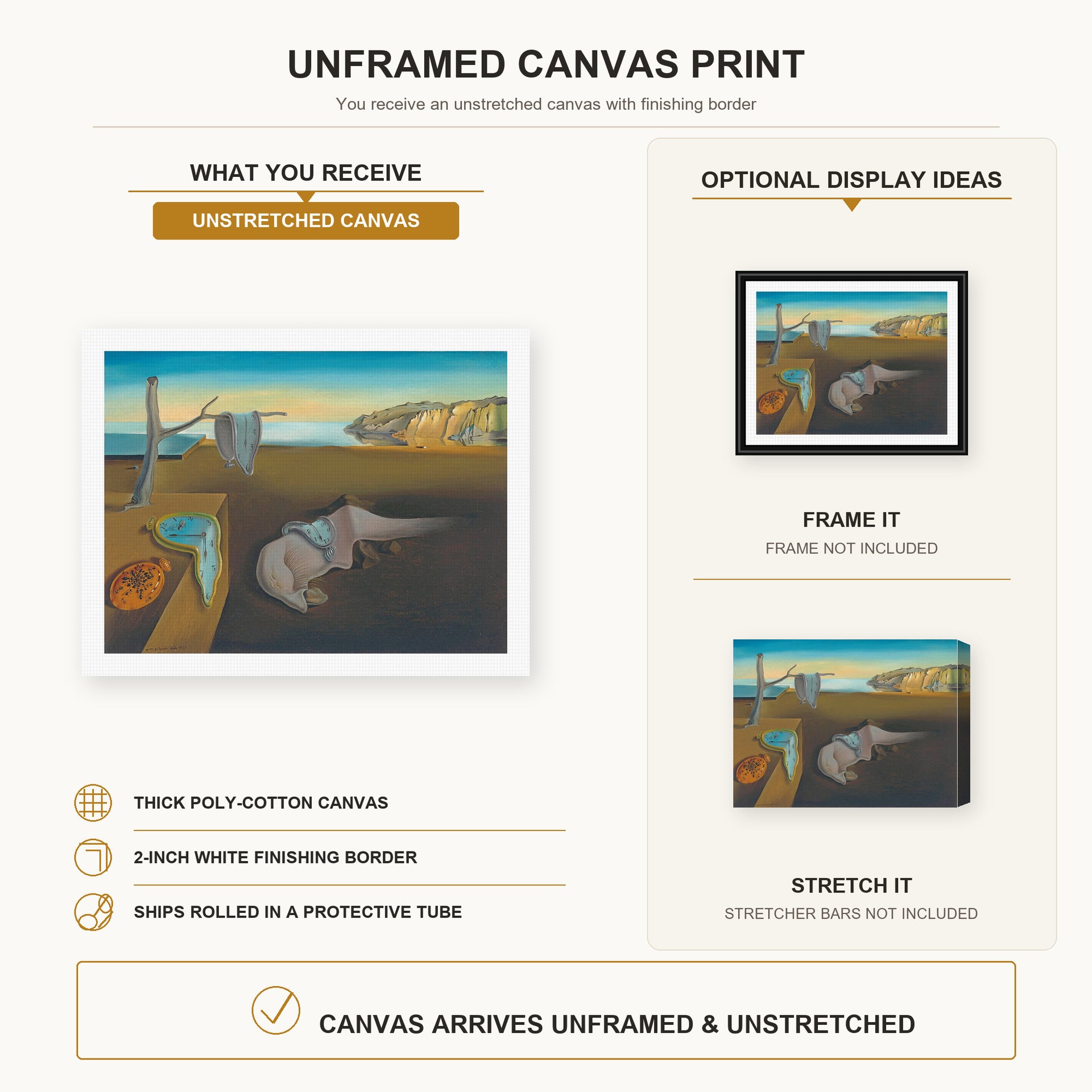 Salvador Dali - The Persistence Of Memory canvas print size comparison and framing display infographic