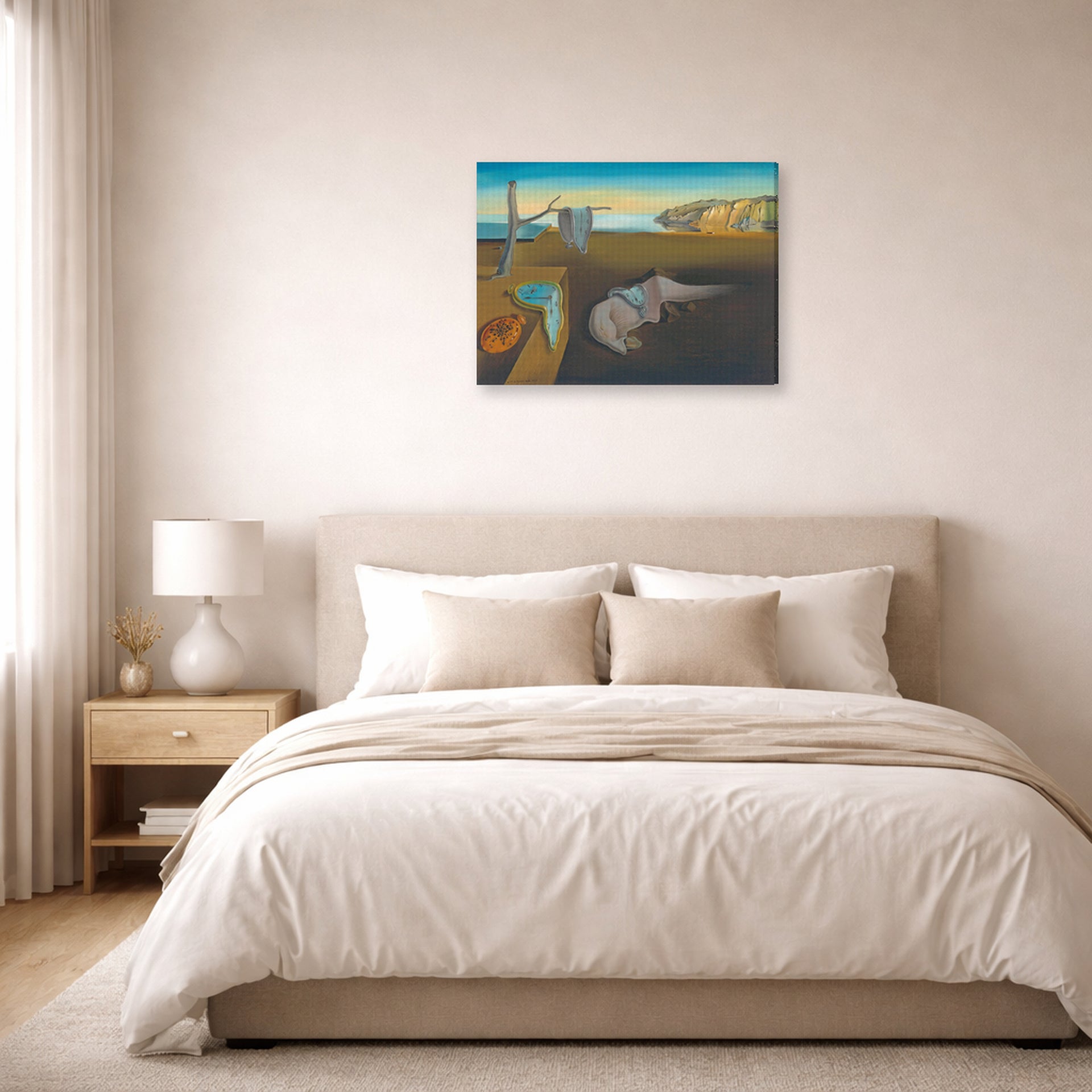 Gallery-wrapped canvas print of Salvador Dali's The Persistence Of Memory displayed on a wall in a bedroom
