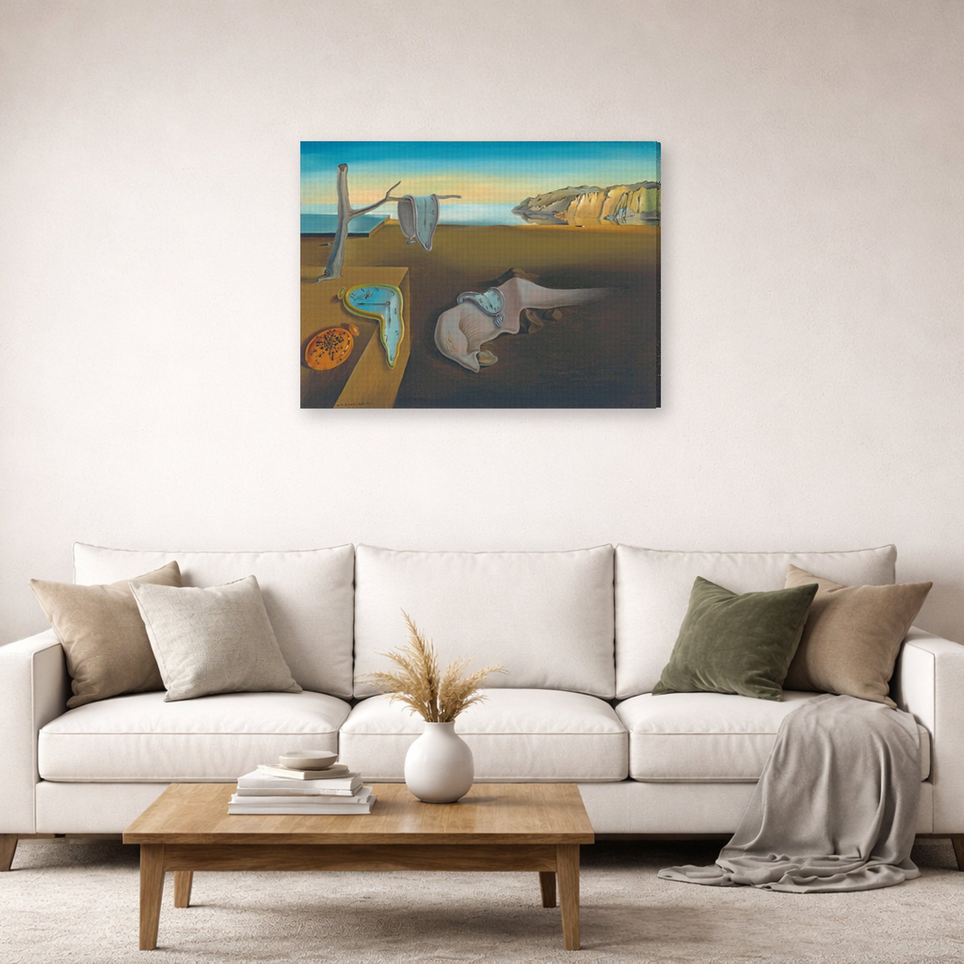 Gallery-wrapped canvas print of Salvador Dali's The Persistence Of Memory displayed on a wall in a living room