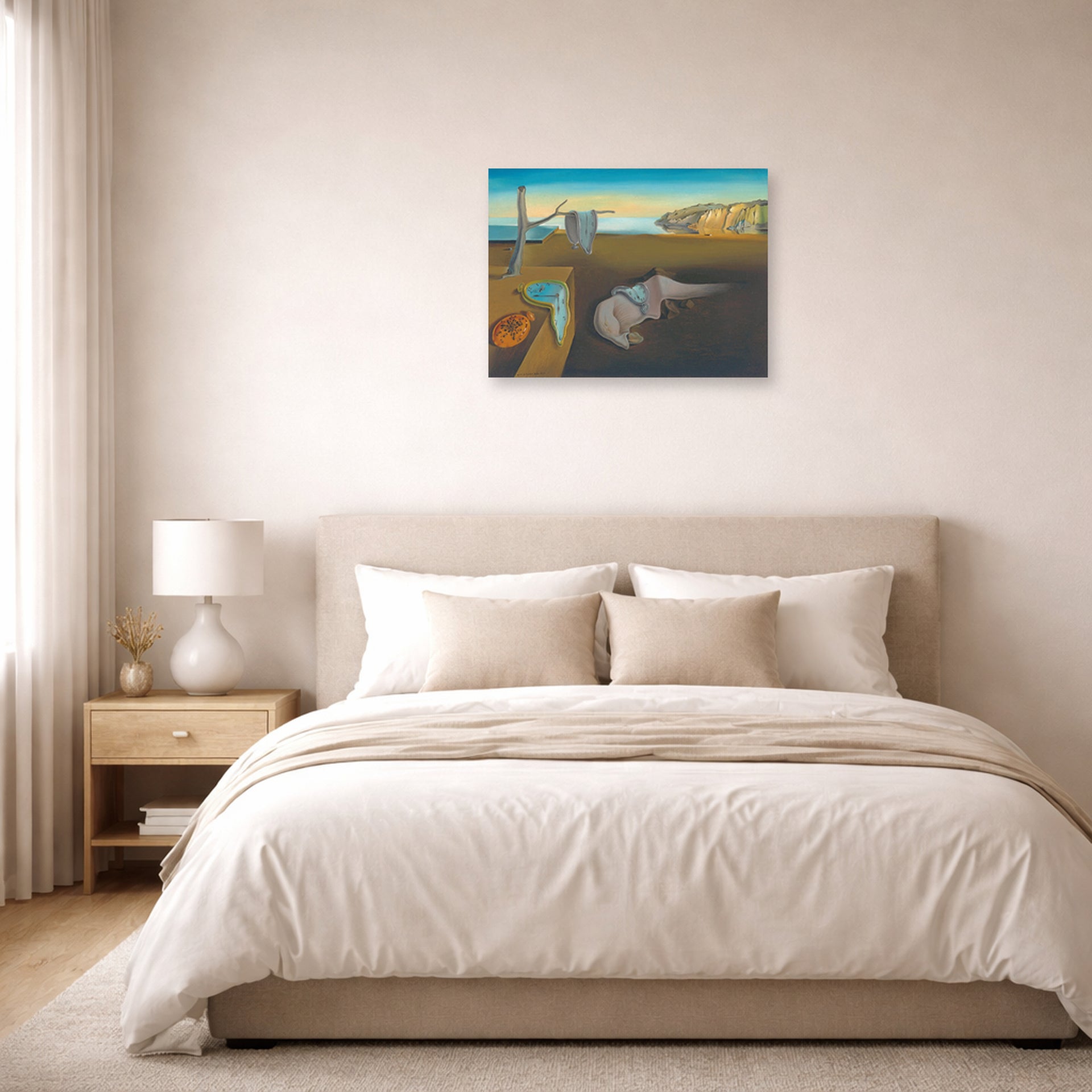 Unframed poster print of Salvador Dali's The Persistence Of Memory displayed on a wall in a bedroom