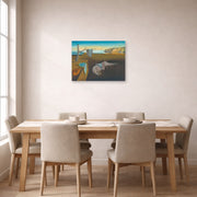 Unframed poster print of Salvador Dali's The Persistence Of Memory displayed on a wall in a dining room