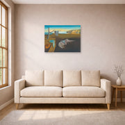 Unframed poster print of Salvador Dali's The Persistence Of Memory displayed on a wall in a living room