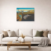 Unframed poster print of Salvador Dali's The Persistence Of Memory displayed on a wall in a living room