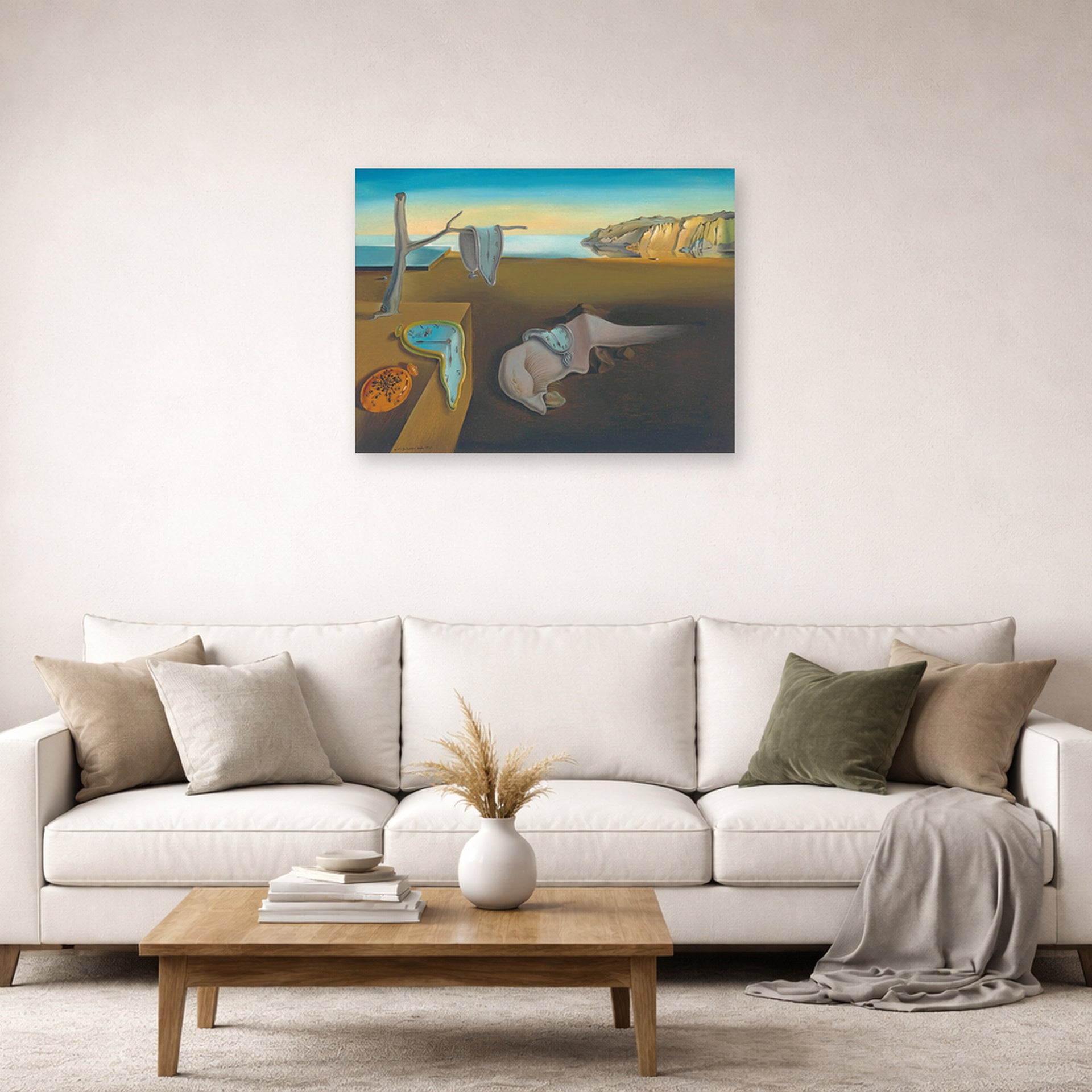Unframed poster print of Salvador Dali's The Persistence Of Memory displayed on a wall in a living room