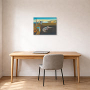 Unframed poster print of Salvador Dali's The Persistence Of Memory displayed on a wall in a office