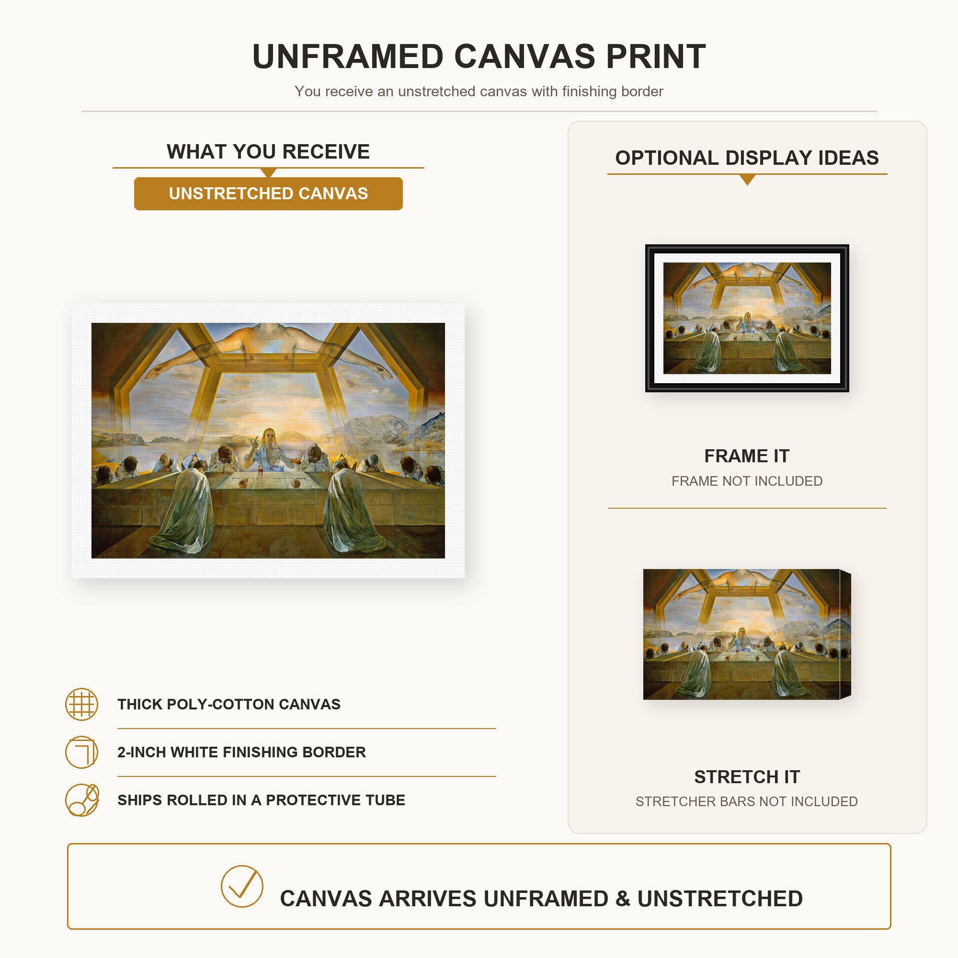 Salvador Dali - Sacrament of the Last Supper canvas print size comparison and framing display infographic