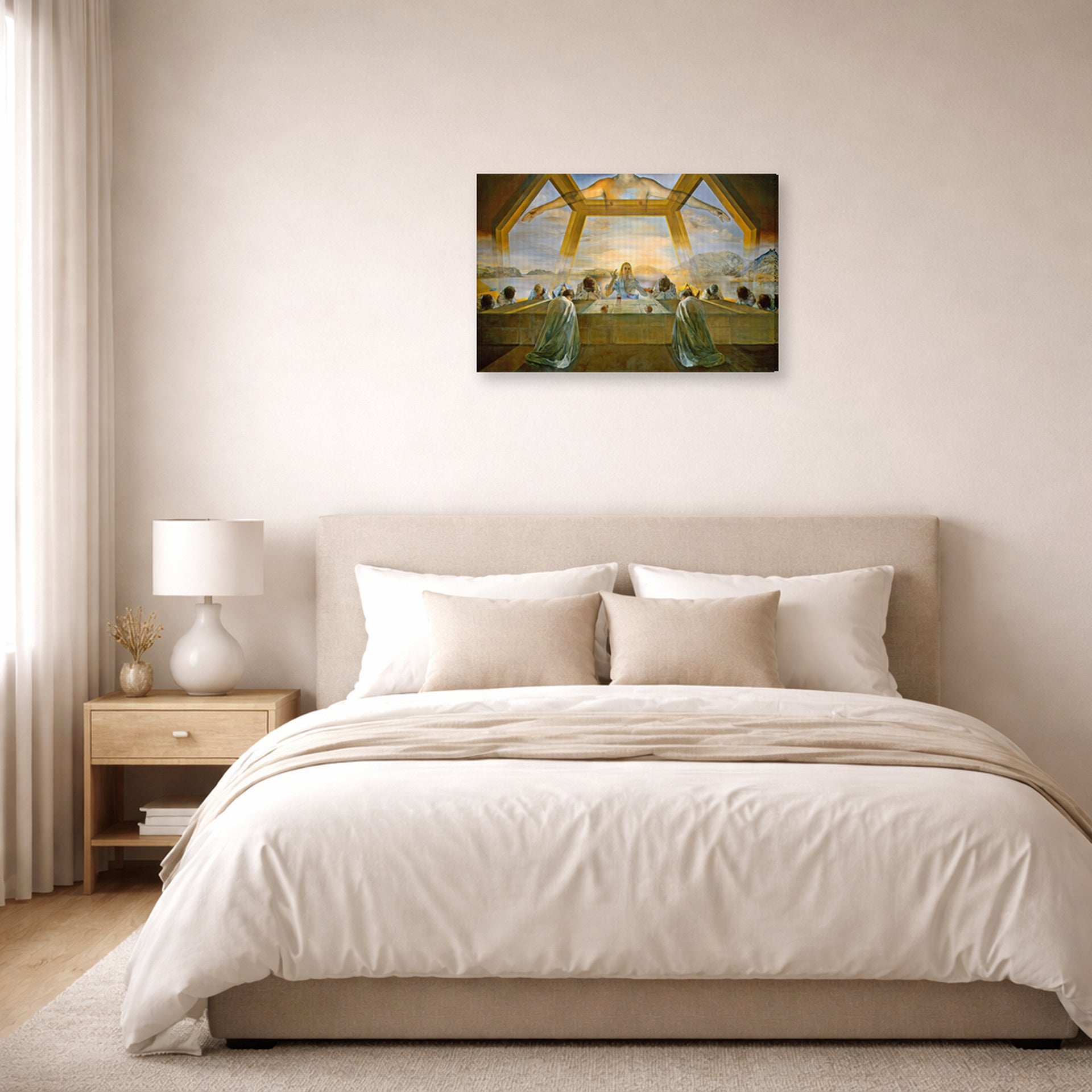 Gallery-wrapped canvas print of Salvador Dali's Sacrament of the Last Supper displayed on a wall in a bedroom