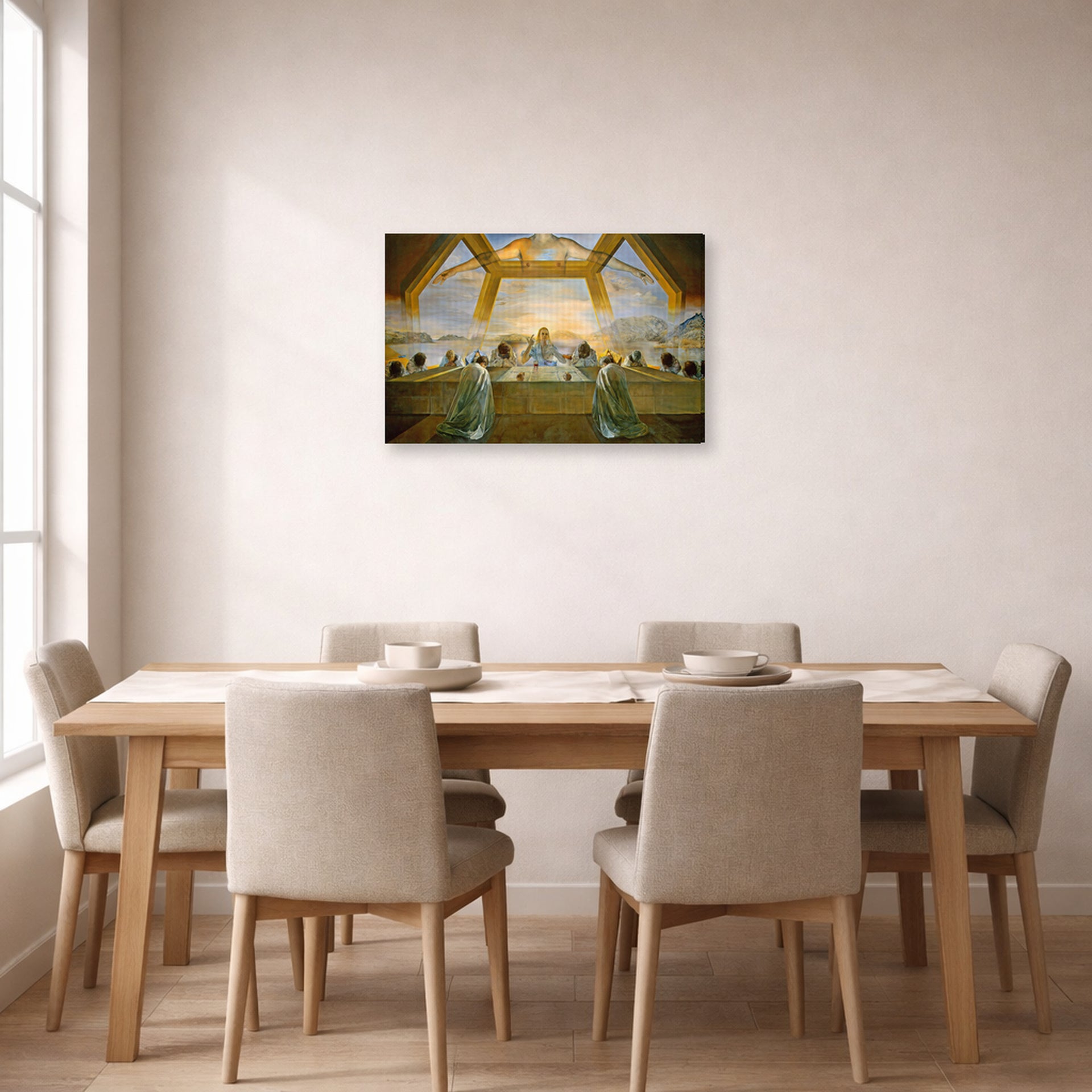 Gallery-wrapped canvas print of Salvador Dali's Sacrament of the Last Supper displayed on a wall in a dining room