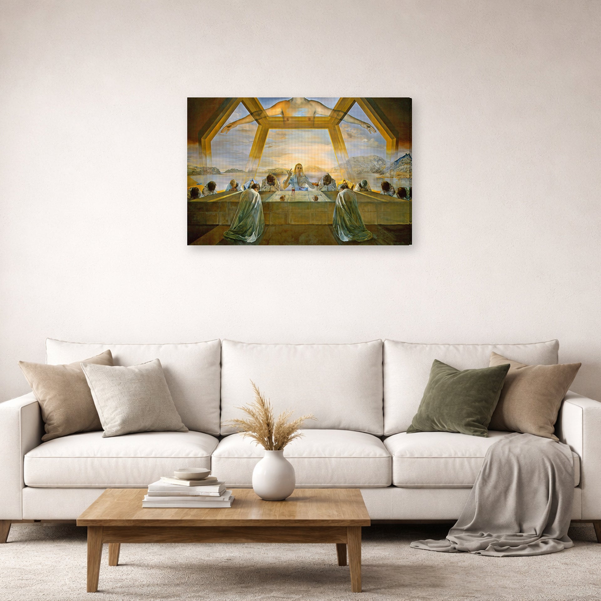 Gallery-wrapped canvas print of Salvador Dali's Sacrament of the Last Supper displayed on a wall in a living room