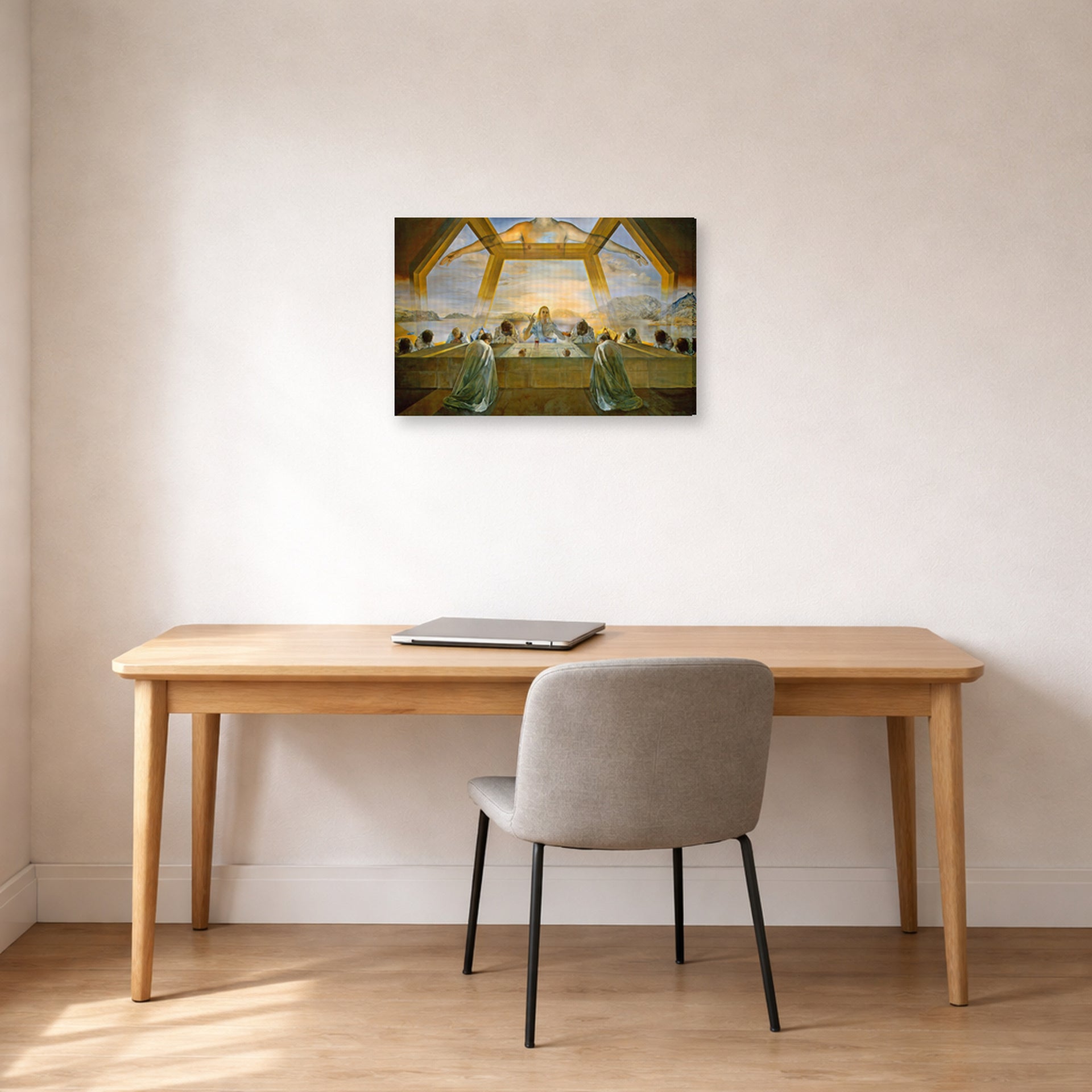 Gallery-wrapped canvas print of Salvador Dali's Sacrament of the Last Supper displayed on a wall in a office