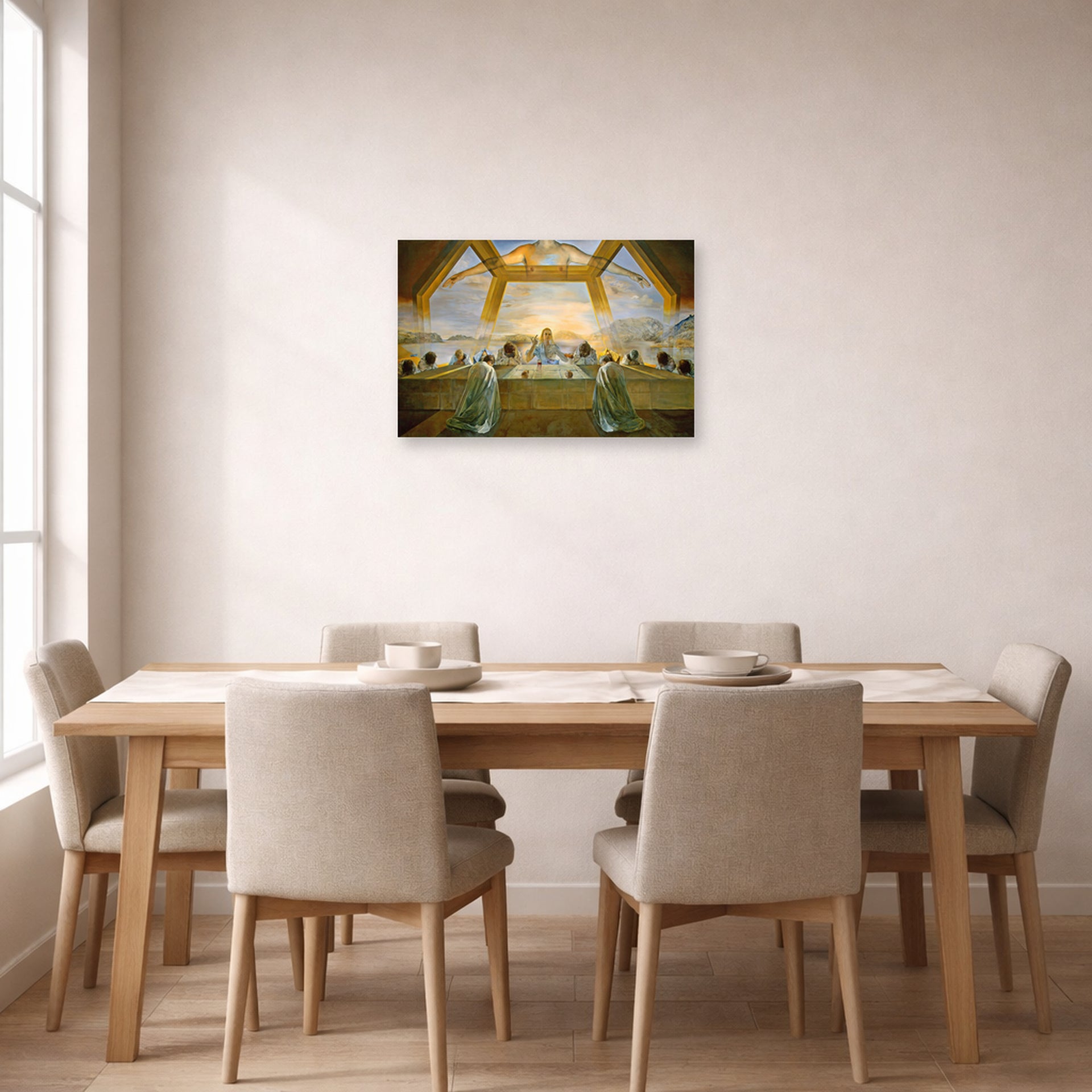 Unframed poster print of Salvador Dali's Sacrament of the Last Supper displayed on a wall in a dining room