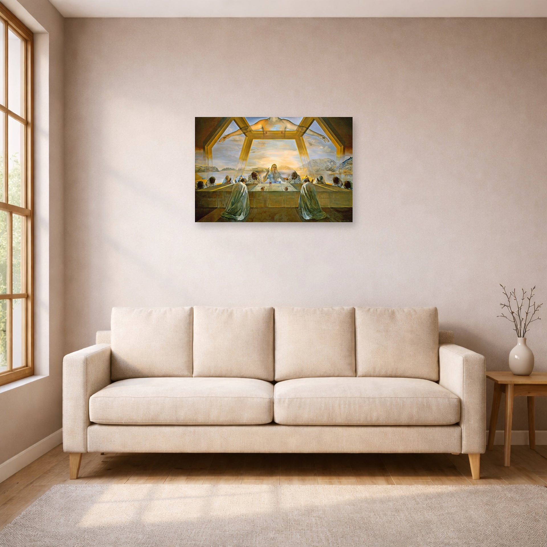 Unframed poster print of Salvador Dali's Sacrament of the Last Supper displayed on a wall in a living room