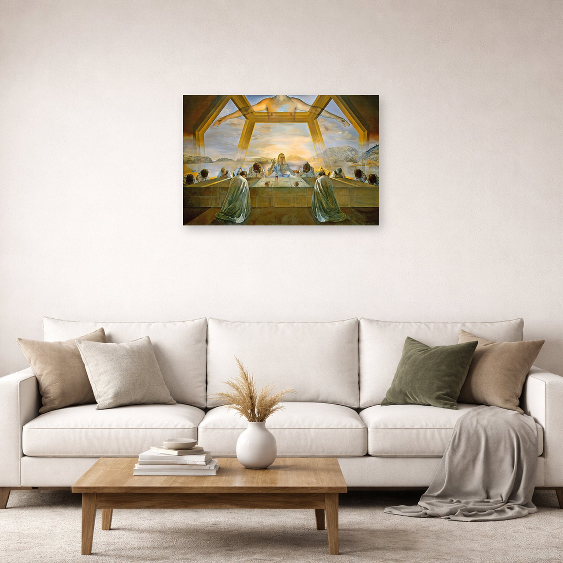 Unframed poster print of Salvador Dali's Sacrament of the Last Supper displayed on a wall in a living room