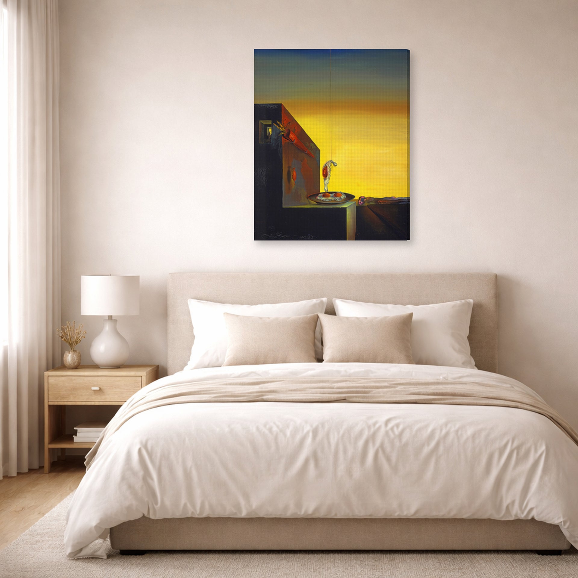 Gallery-wrapped canvas print of Salvador Dali's The Secret of the Hanging Egg displayed on a wall in a bedroom