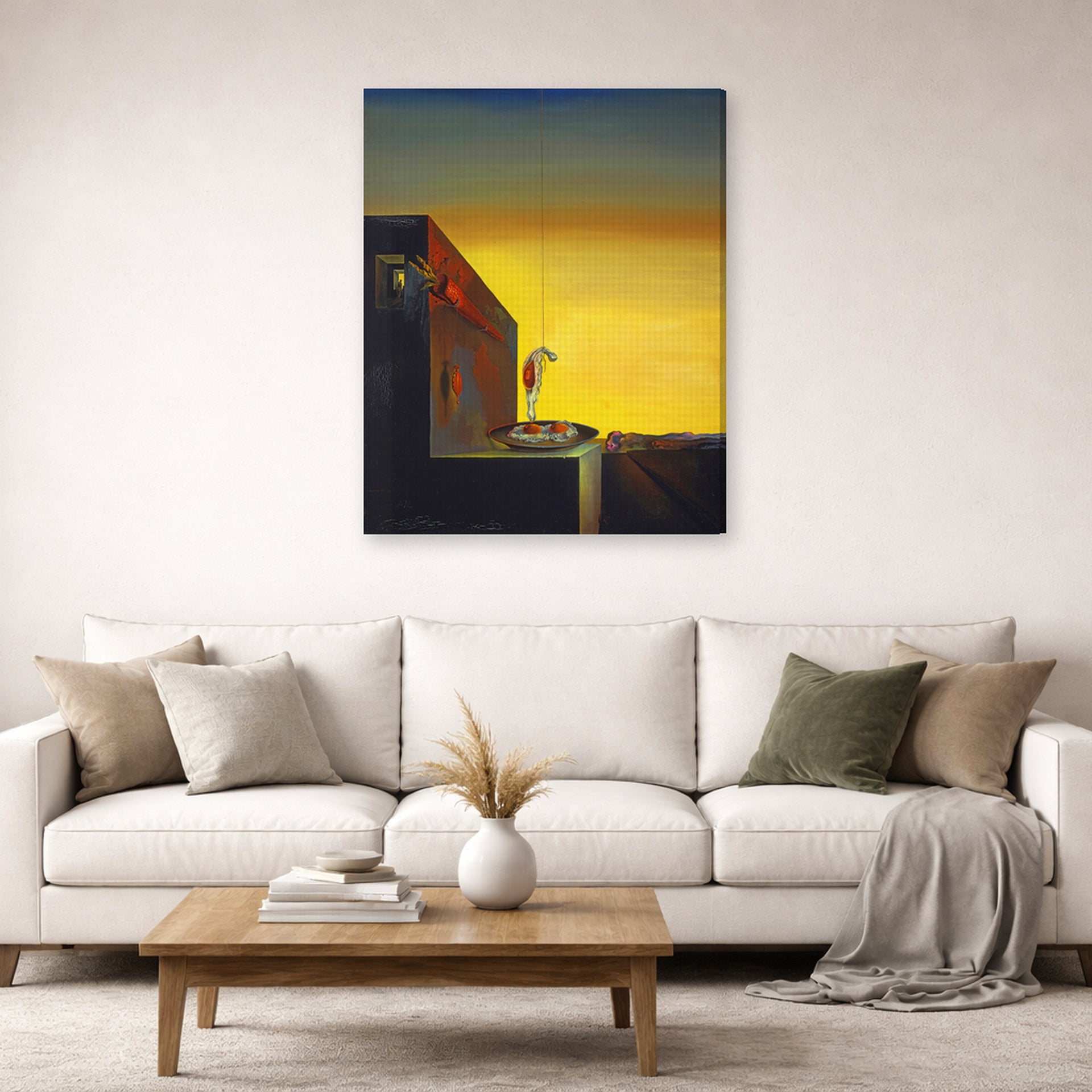 Gallery-wrapped canvas print of Salvador Dali's The Secret of the Hanging Egg displayed on a wall in a living room