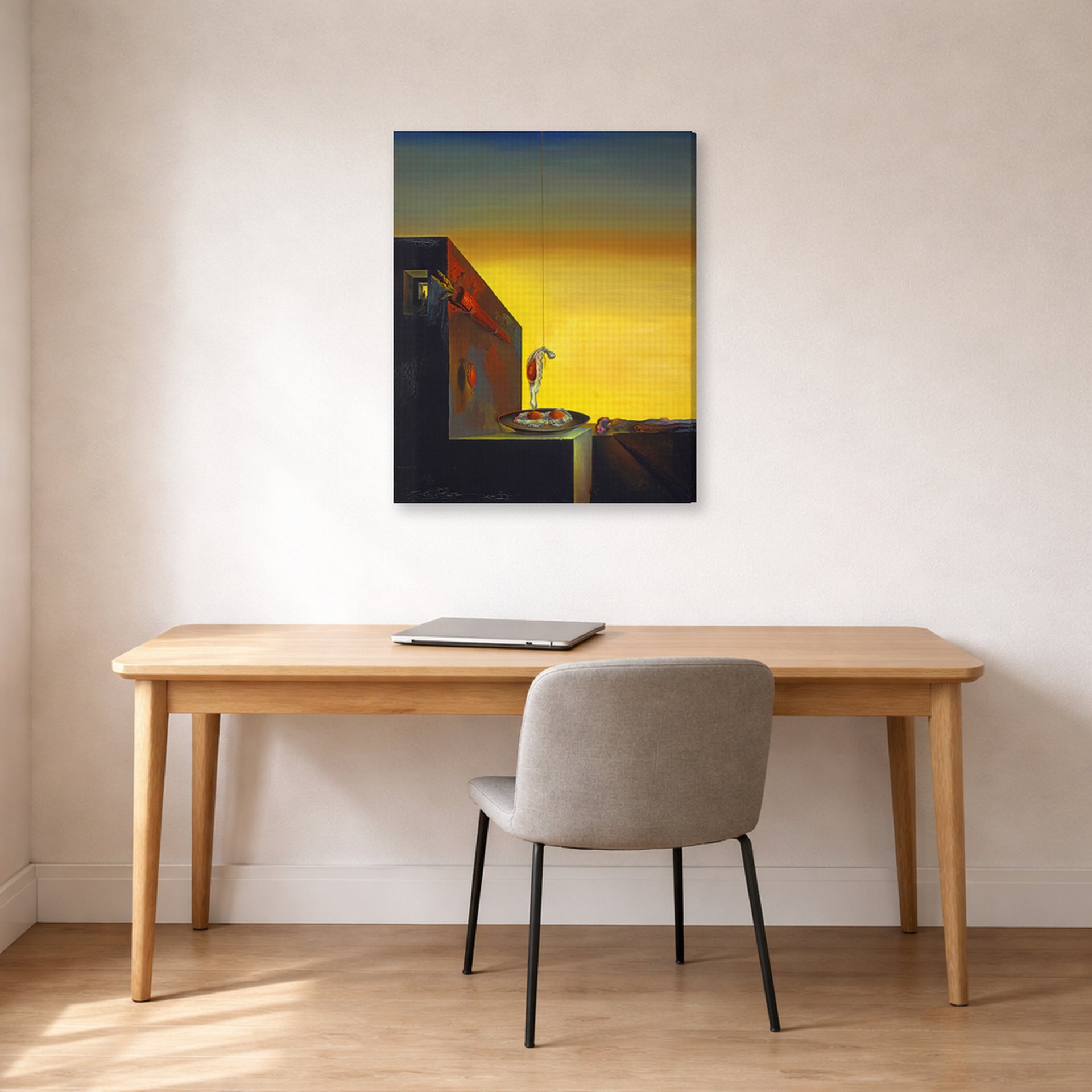 Gallery-wrapped canvas print of Salvador Dali's The Secret of the Hanging Egg displayed on a wall in a office