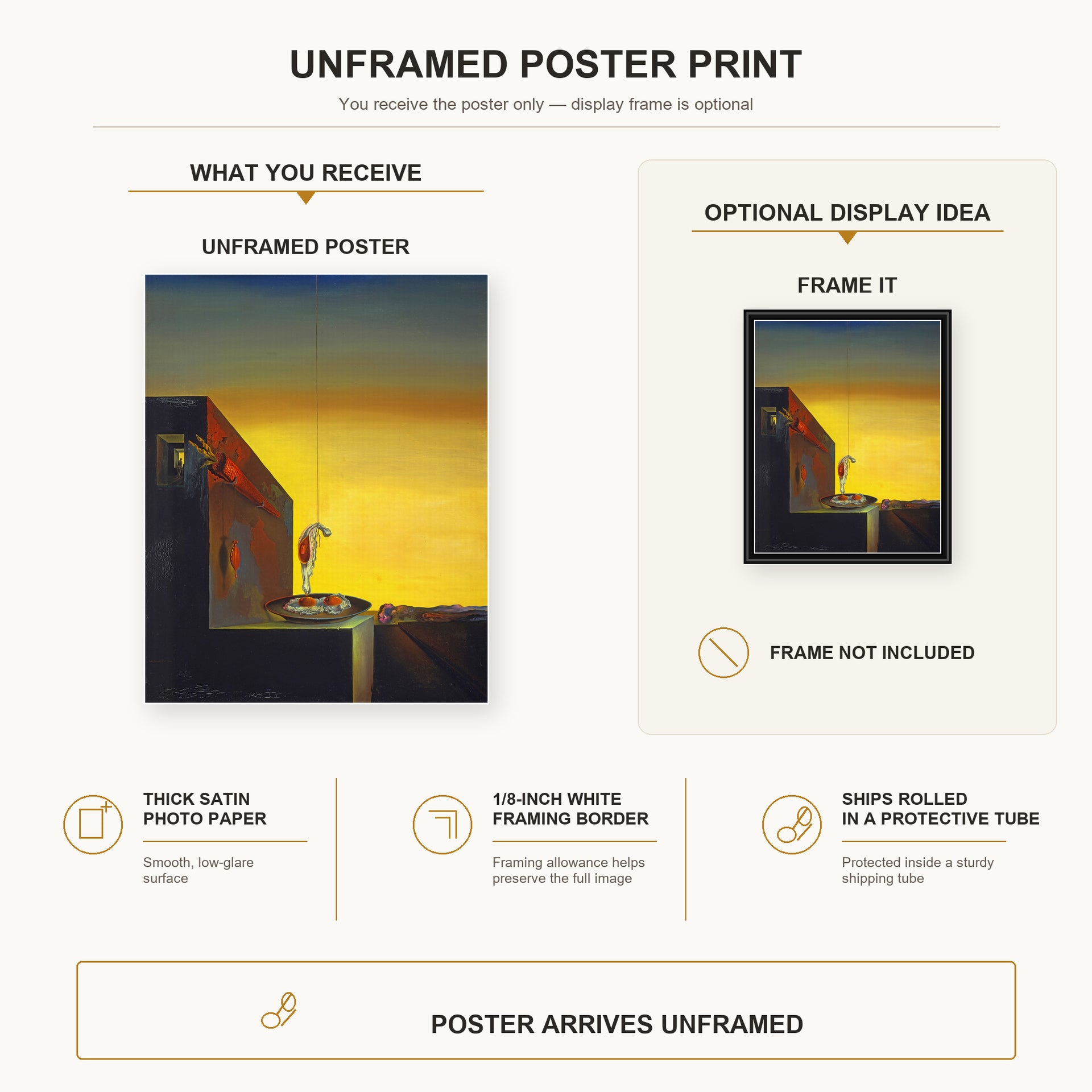 Salvador Dali - The Secret of the Hanging Egg poster print size comparison and framing display infographic