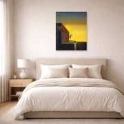 Unframed poster print of Salvador Dali's The Secret of the Hanging Egg displayed on a wall in a bedroom