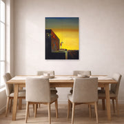 Unframed poster print of Salvador Dali's The Secret of the Hanging Egg displayed on a wall in a dining room