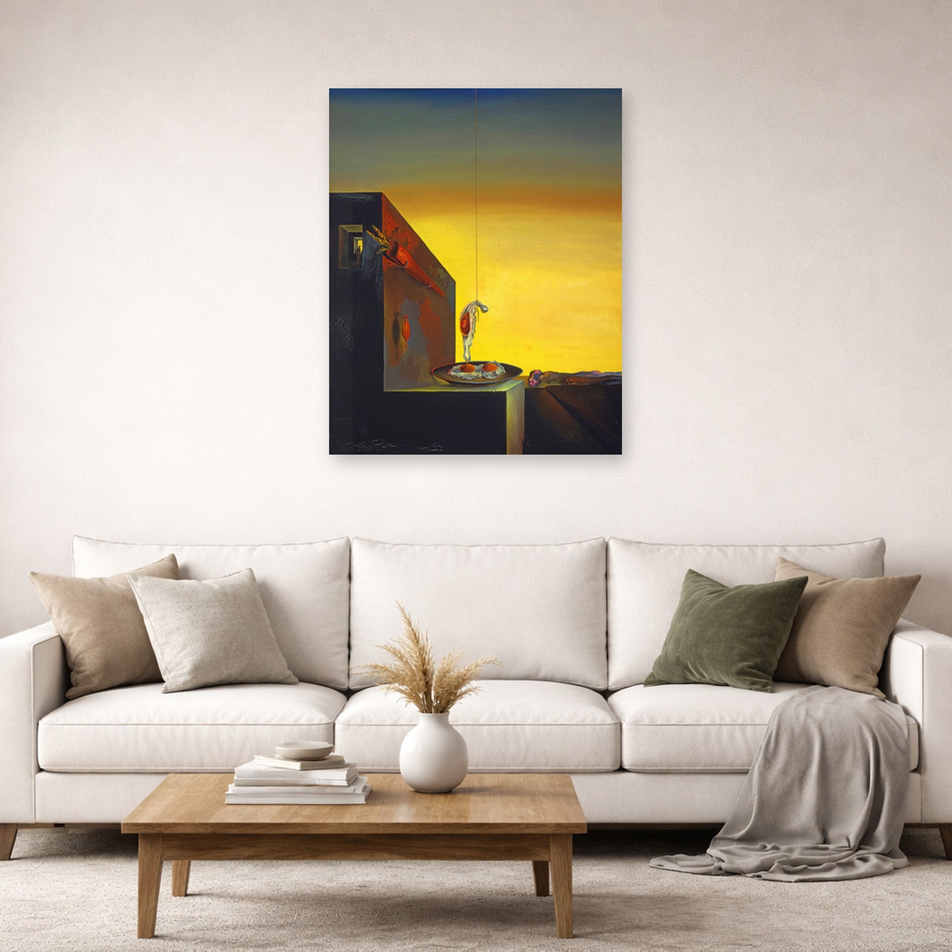 Unframed poster print of Salvador Dali's The Secret of the Hanging Egg displayed on a wall in a living room