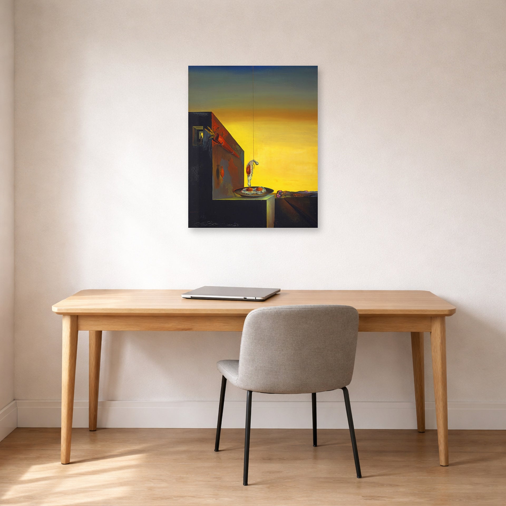 Unframed poster print of Salvador Dali's The Secret of the Hanging Egg displayed on a wall in a office