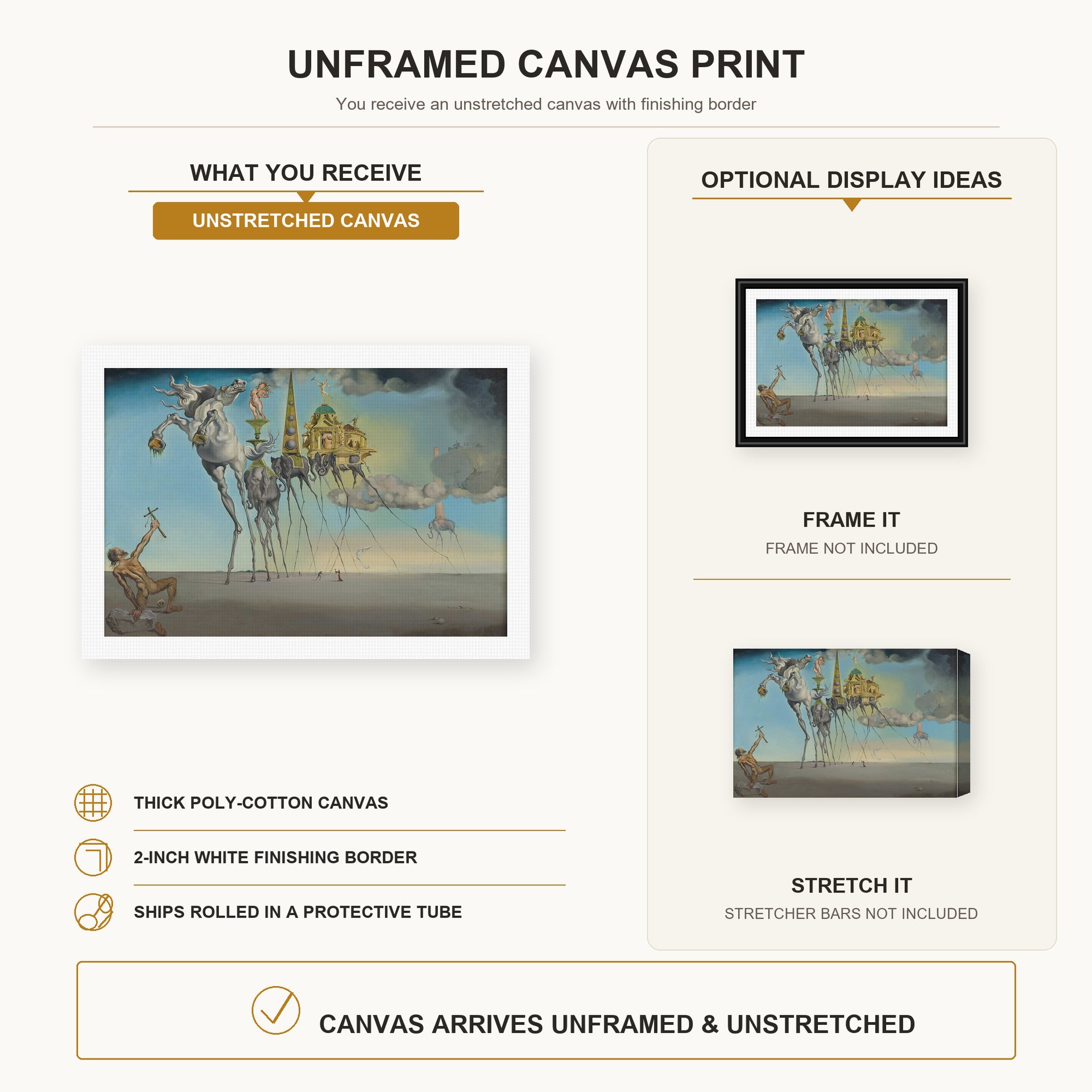 Salvador Dali - The Temptation of St. Anthony canvas print size comparison and framing display infographic