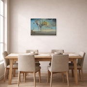 Gallery-wrapped canvas print of Salvador Dali's The Temptation of St. Anthony displayed on a wall in a dining room