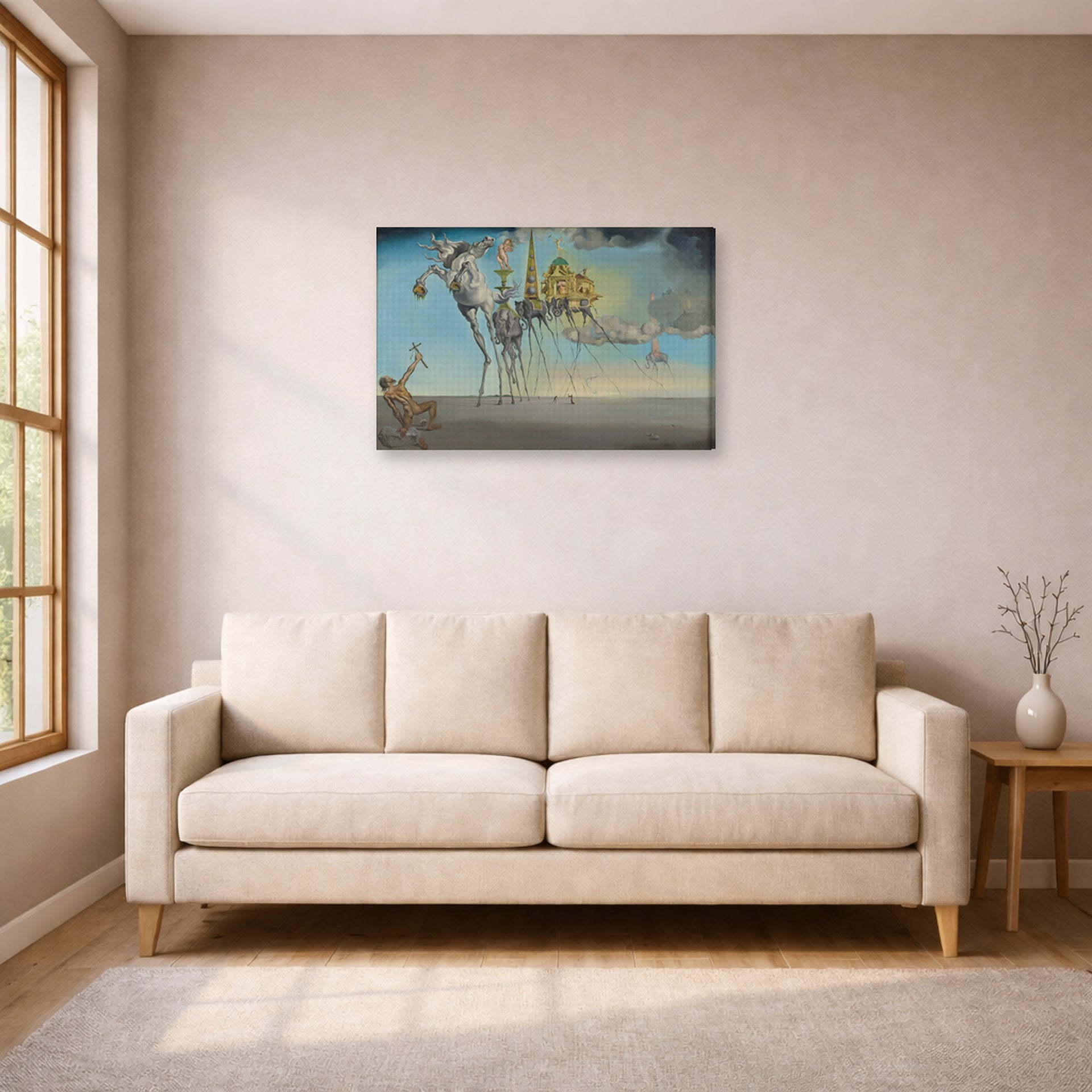 Gallery-wrapped canvas print of Salvador Dali's The Temptation of St. Anthony displayed on a wall in a living room