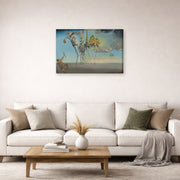 Gallery-wrapped canvas print of Salvador Dali's The Temptation of St. Anthony displayed on a wall in a living room