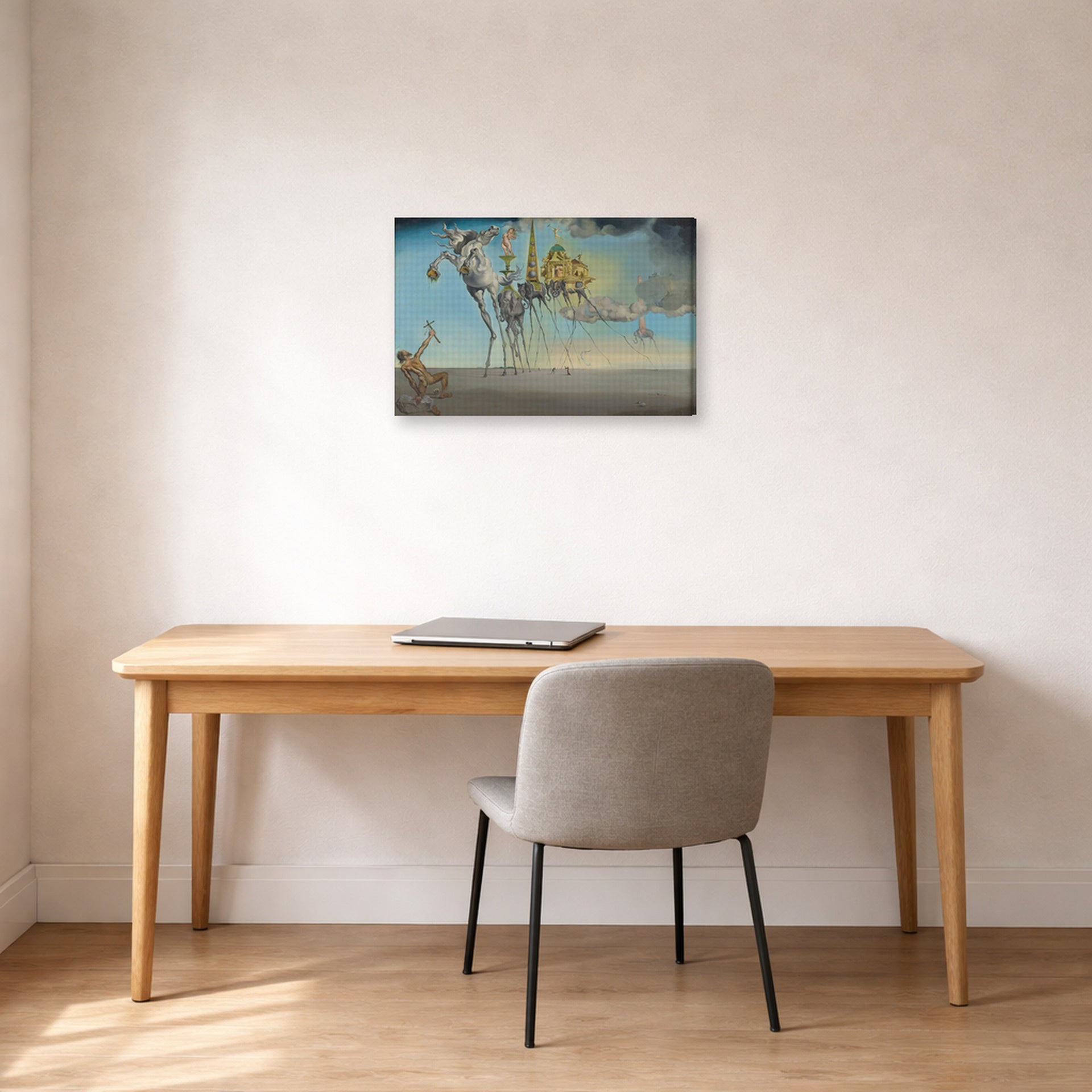 Gallery-wrapped canvas print of Salvador Dali's The Temptation of St. Anthony displayed on a wall in a office