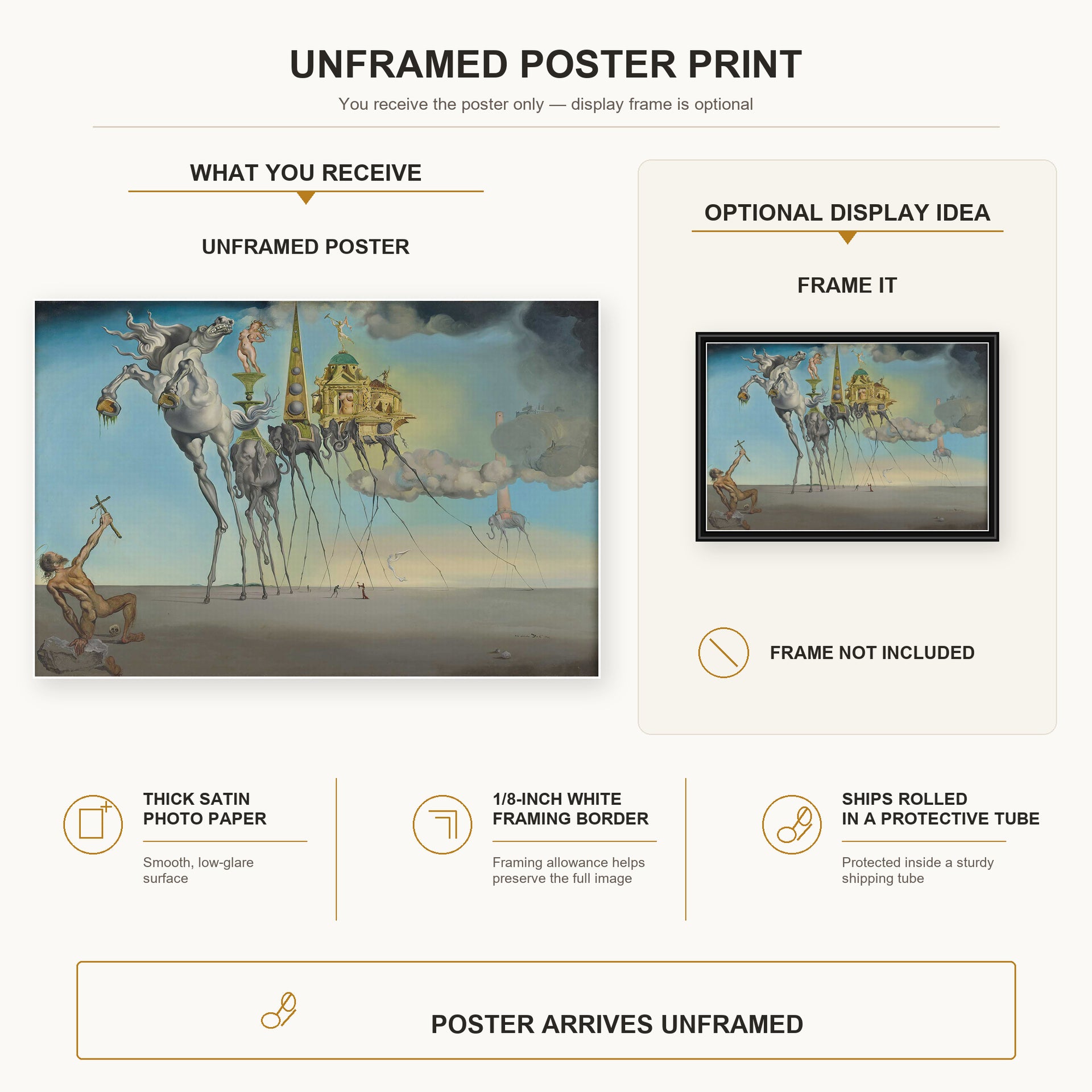 Salvador Dali - The Temptation of St. Anthony poster print size comparison and framing display infographic