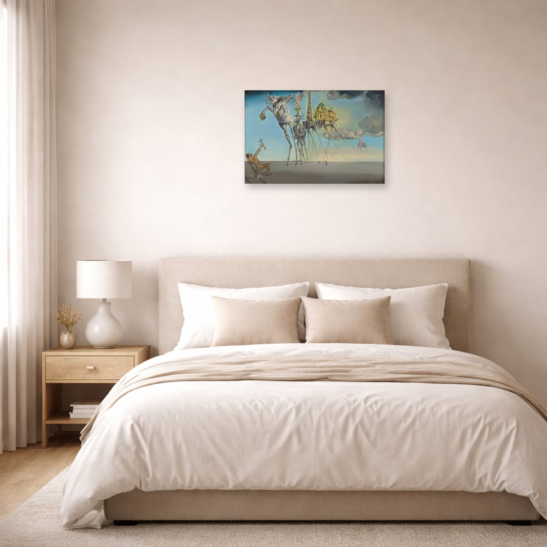 Unframed poster print of Salvador Dali's The Temptation of St. Anthony displayed on a wall in a bedroom