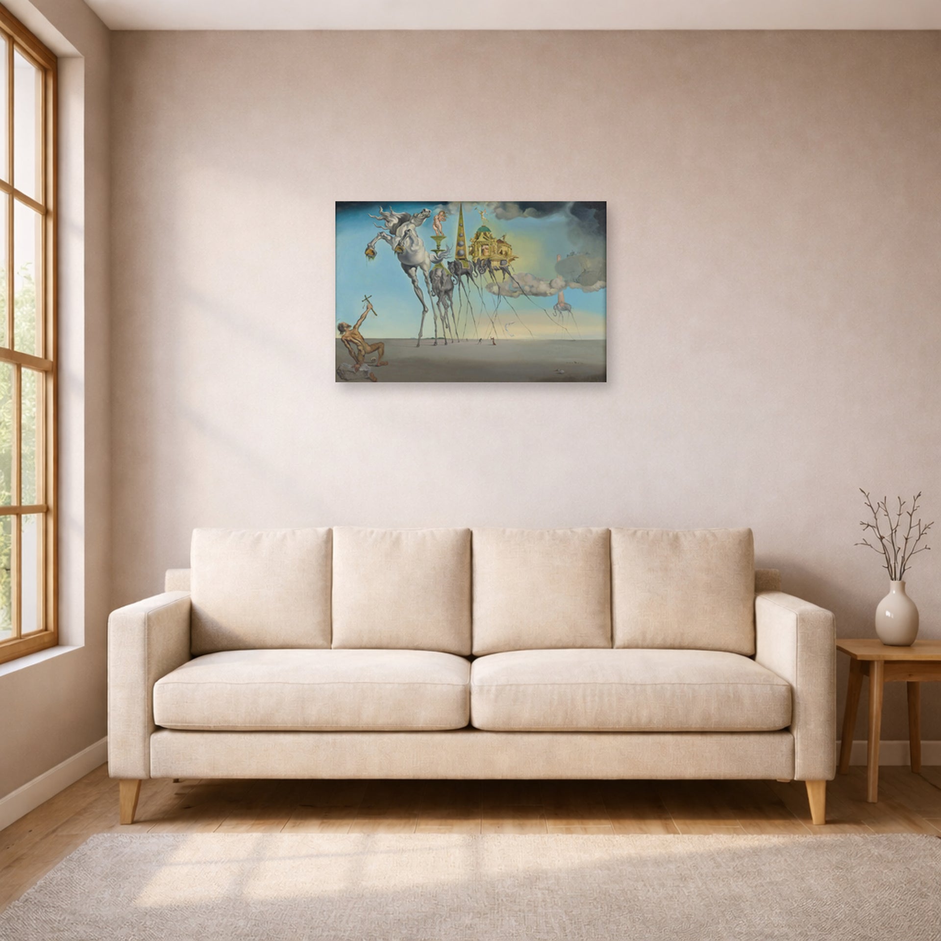 Unframed poster print of Salvador Dali's The Temptation of St. Anthony displayed on a wall in a living room