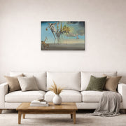Unframed poster print of Salvador Dali's The Temptation of St. Anthony displayed on a wall in a living room