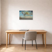 Unframed poster print of Salvador Dali's The Temptation of St. Anthony displayed on a wall in a office