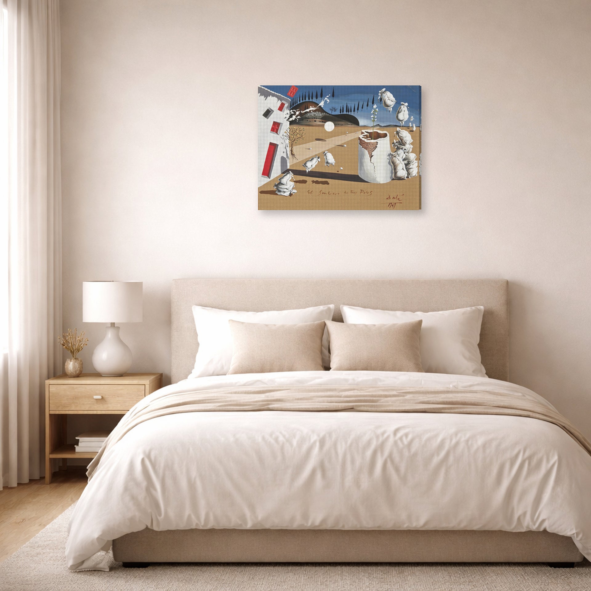 Gallery-wrapped canvas print of Salvador Dali's Three Cornered Hat displayed on a wall in a bedroom